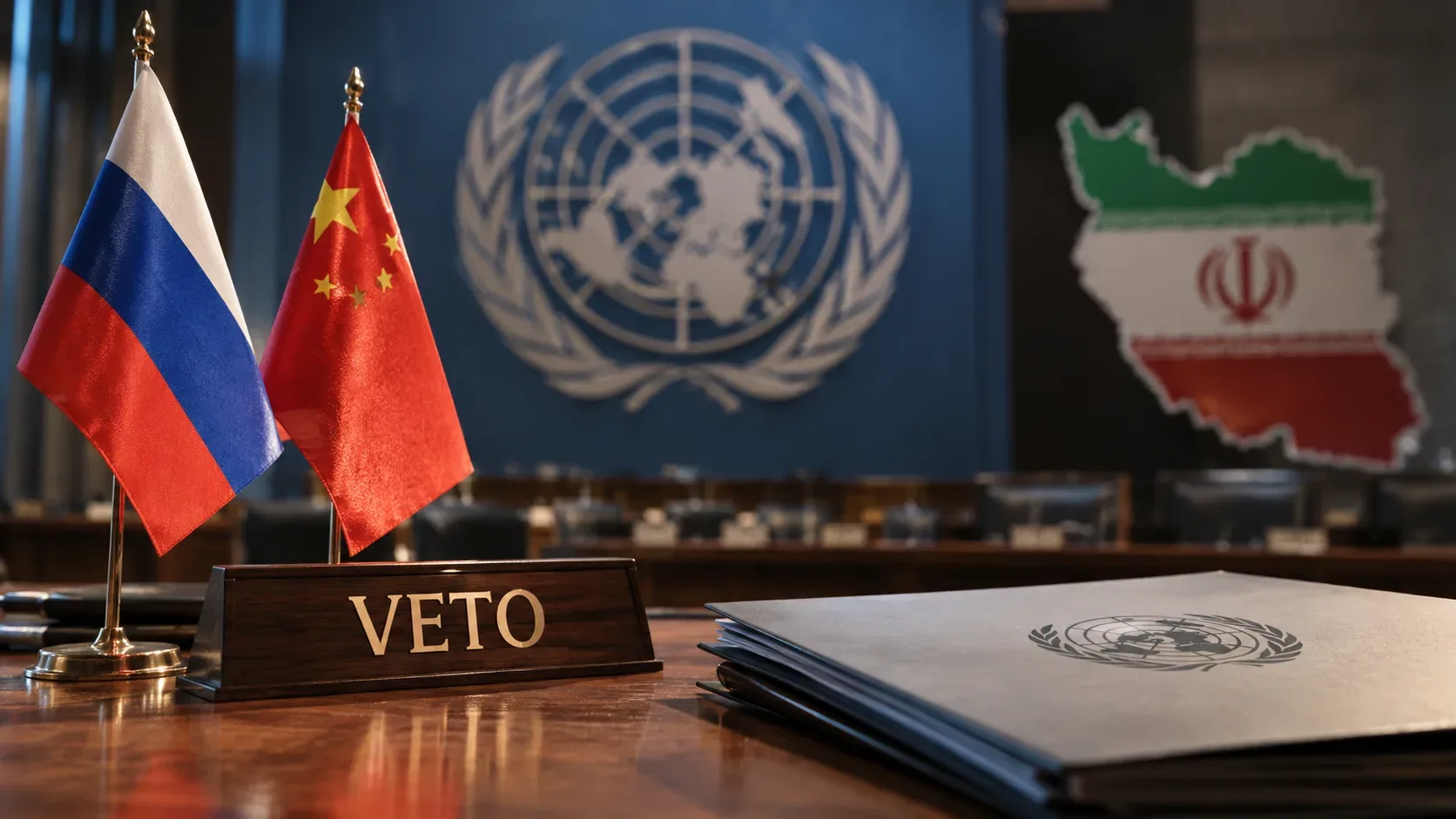 Bandeiras da Rússia e da China diante do emblema da ONU, com mapa do Irã ao fundo, pasta institucional e uma placa com a palavra VETO sobre a mesa.