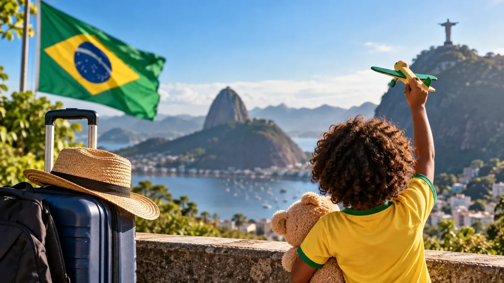 Criança com mala, urso de pelúcia e avião de brinquedo diante da Baía de Guanabara, com bandeira do Brasil, Pão de Açúcar e Cristo Redentor ao fundo.