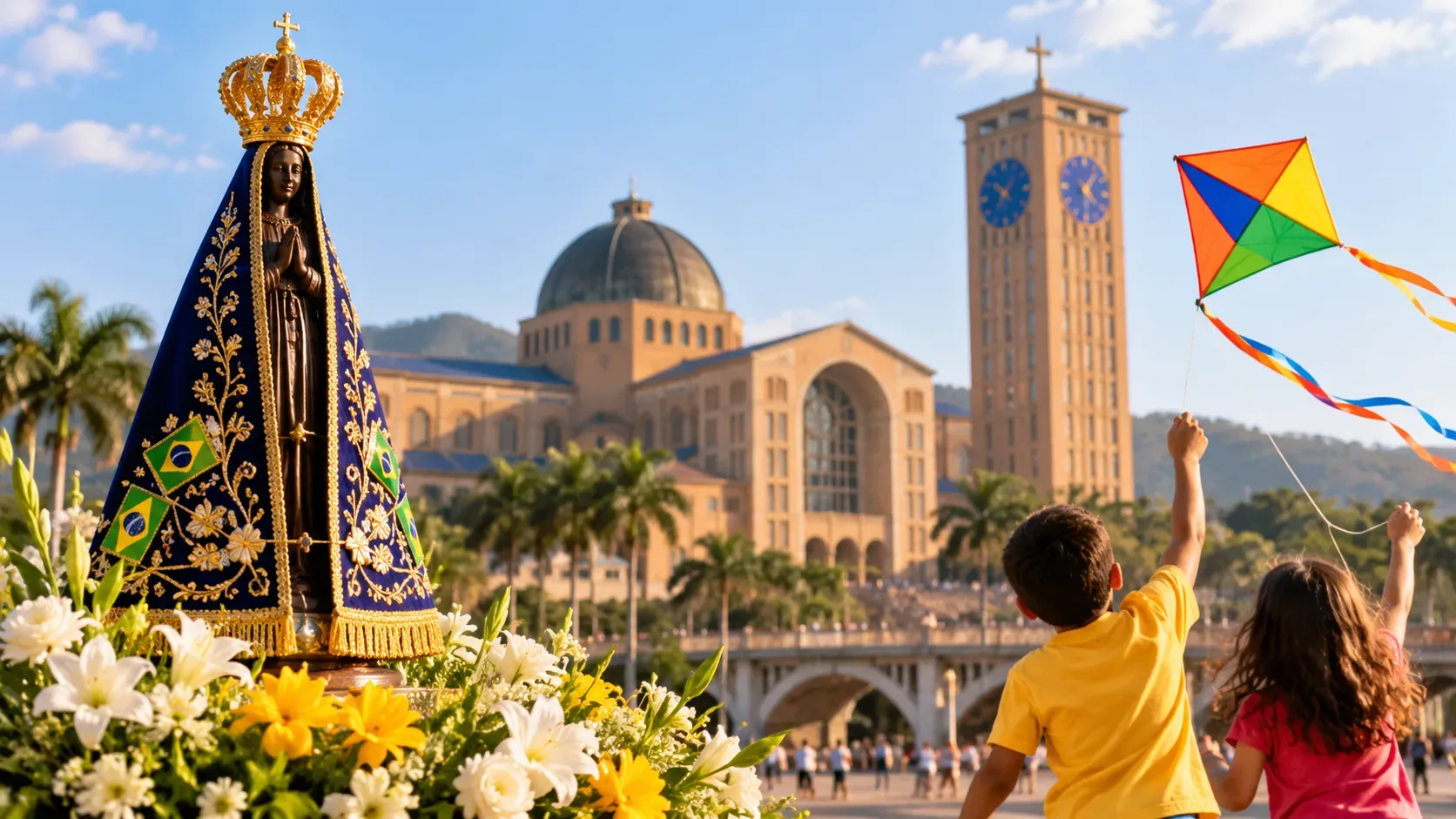 Estátua de Nossa Senhora Aparecida diante do santuário, com duas crianças empinando uma pipa colorida sob céu azul.