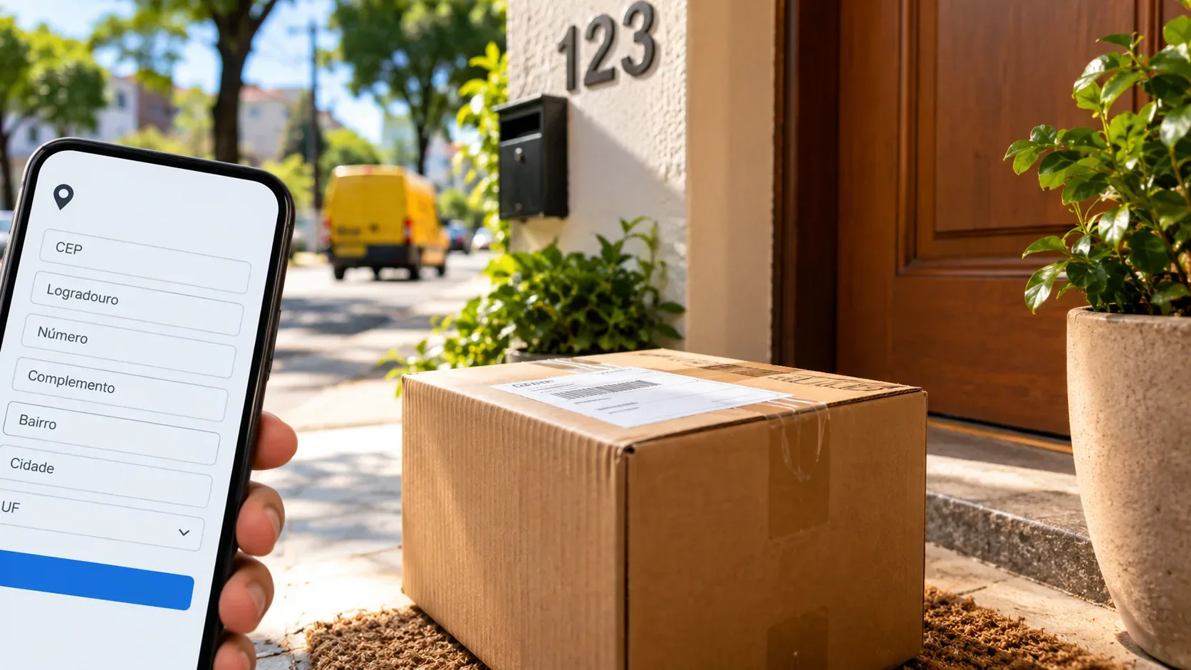 Celular com campos de endereço brasileiro ao lado de uma caixa de entrega diante de uma casa numerada, com veículo de entregas ao fundo.