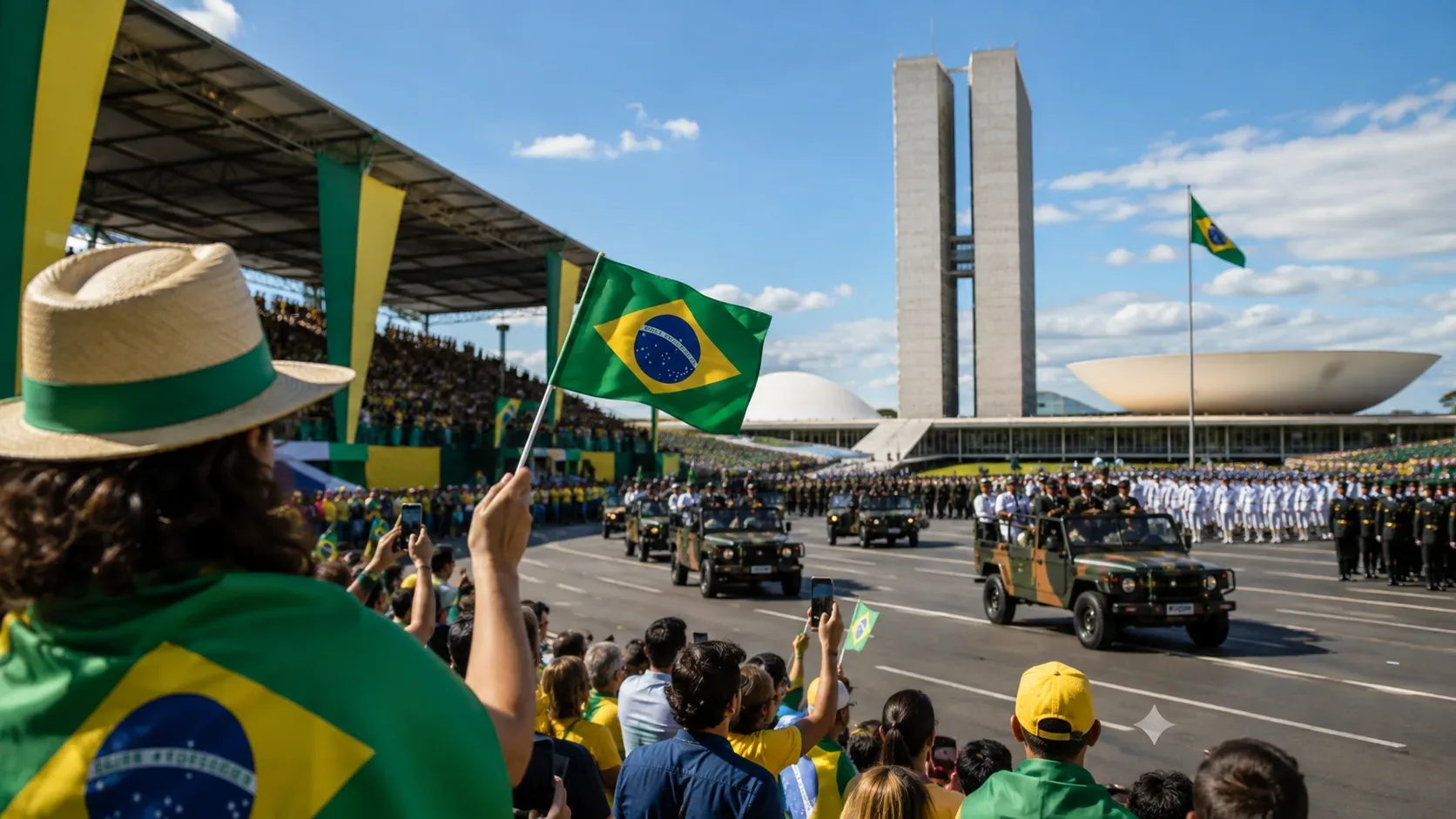 Público com bandeiras do Brasil acompanha desfile cívico-militar diante do Congresso Nacional em Brasília sob céu azul.