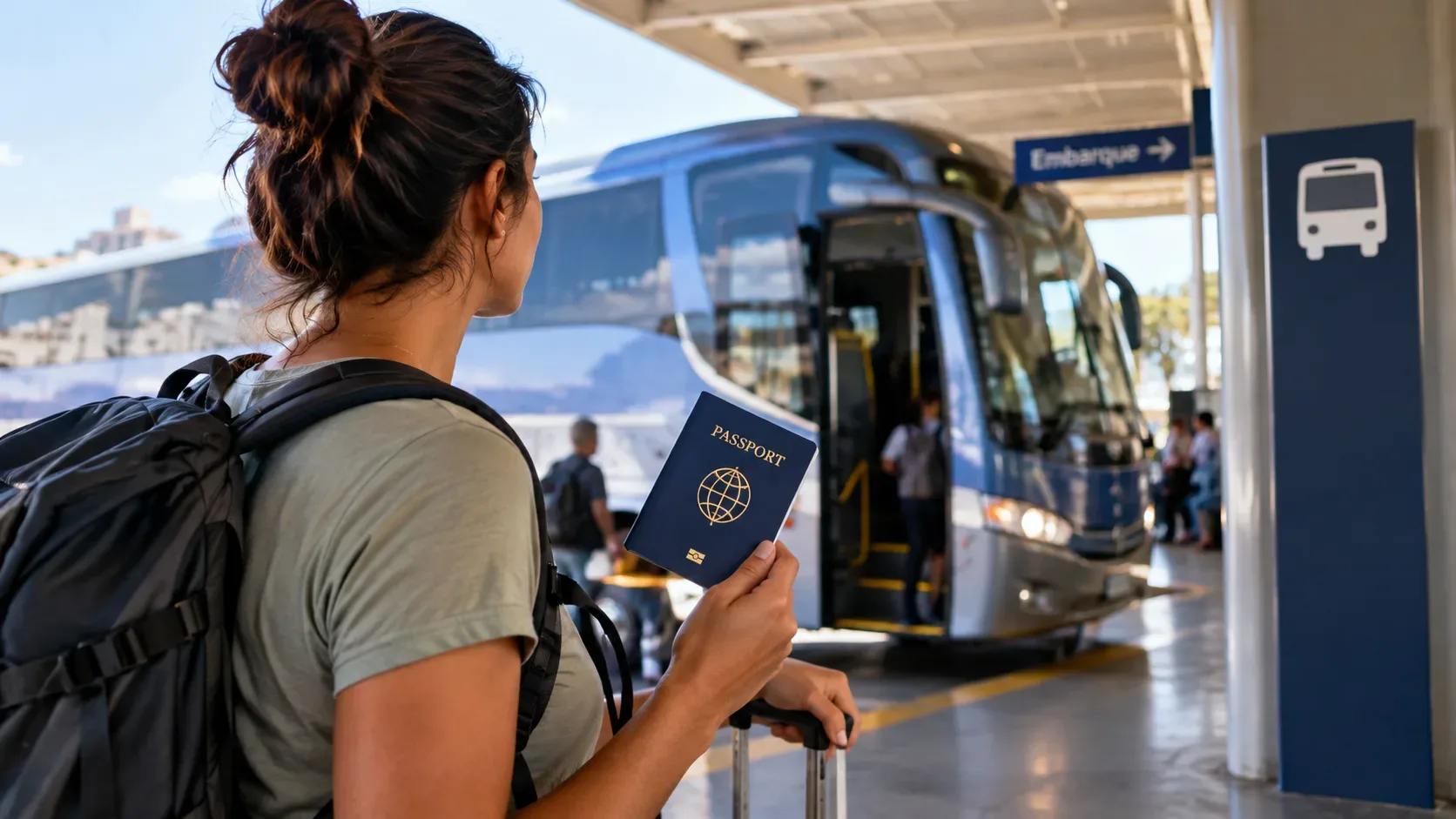 Viajante com mochila segura um passaporte diante de um ônibus rodoviário em uma plataforma de embarque.