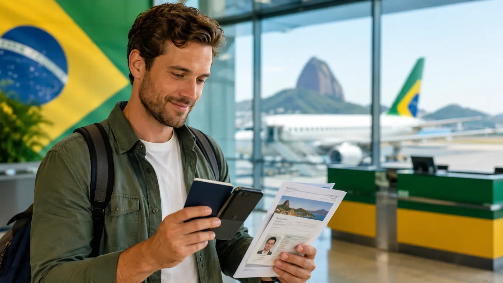 Viajante em aeroporto segurando passaporte, celular e documentos impressos, com avião e elementos nas cores do Brasil ao fundo.