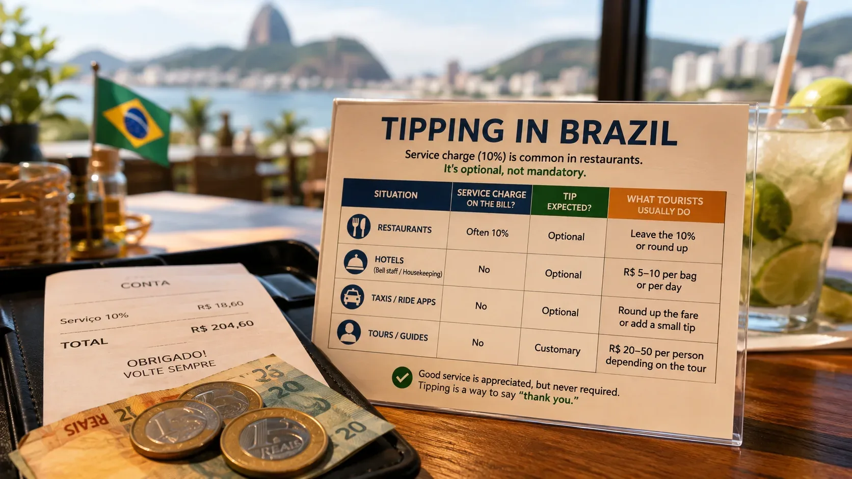 Mesa de restaurante com conta exibindo serviço de 10%, notas e moedas de real, cartão informativo sobre gorjetas, bandeira do Brasil e vista desfocada do Rio de Janeiro ao fundo.