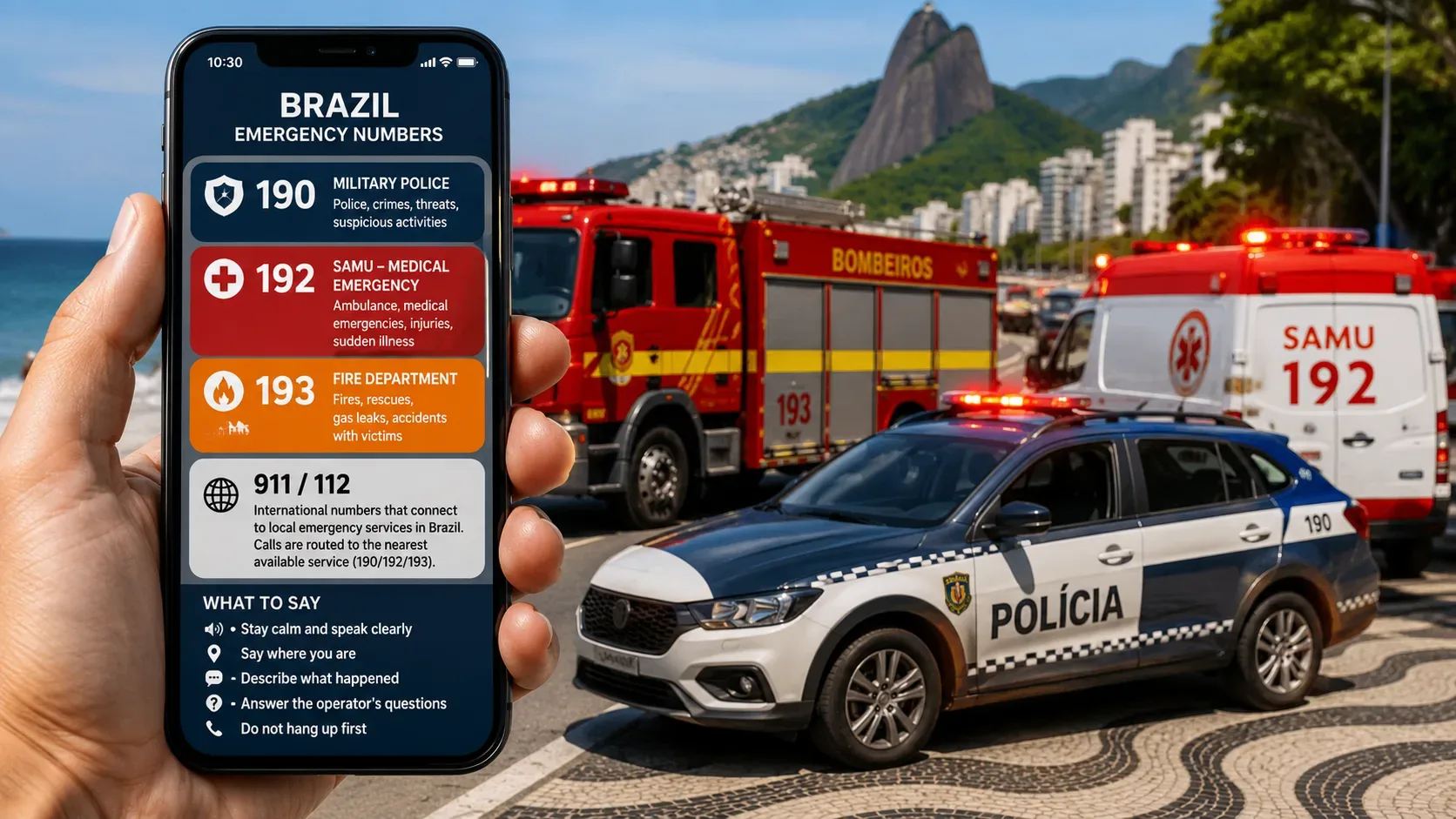 Mão segura um smartphone com 190, 192, 193 e 911/112 na tela diante de viaturas da polícia, dos bombeiros e do SAMU em uma avenida costeira brasileira.