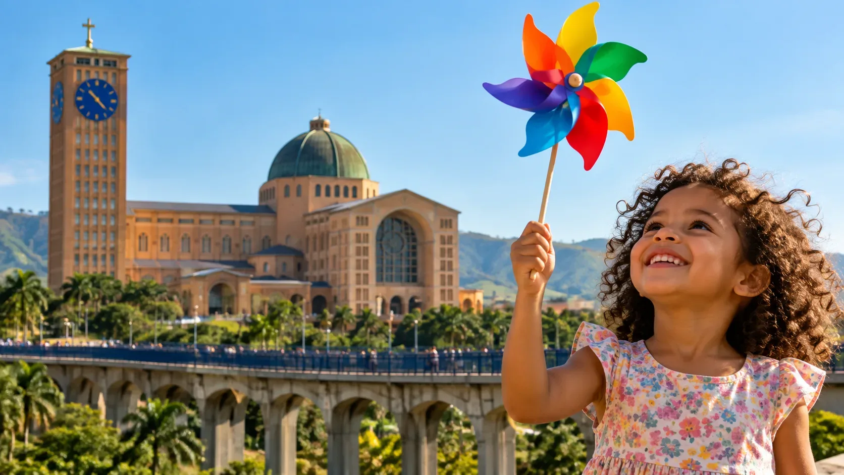 Criança sorridente segurando um cata-vento colorido diante de uma grande basílica sob céu azul.