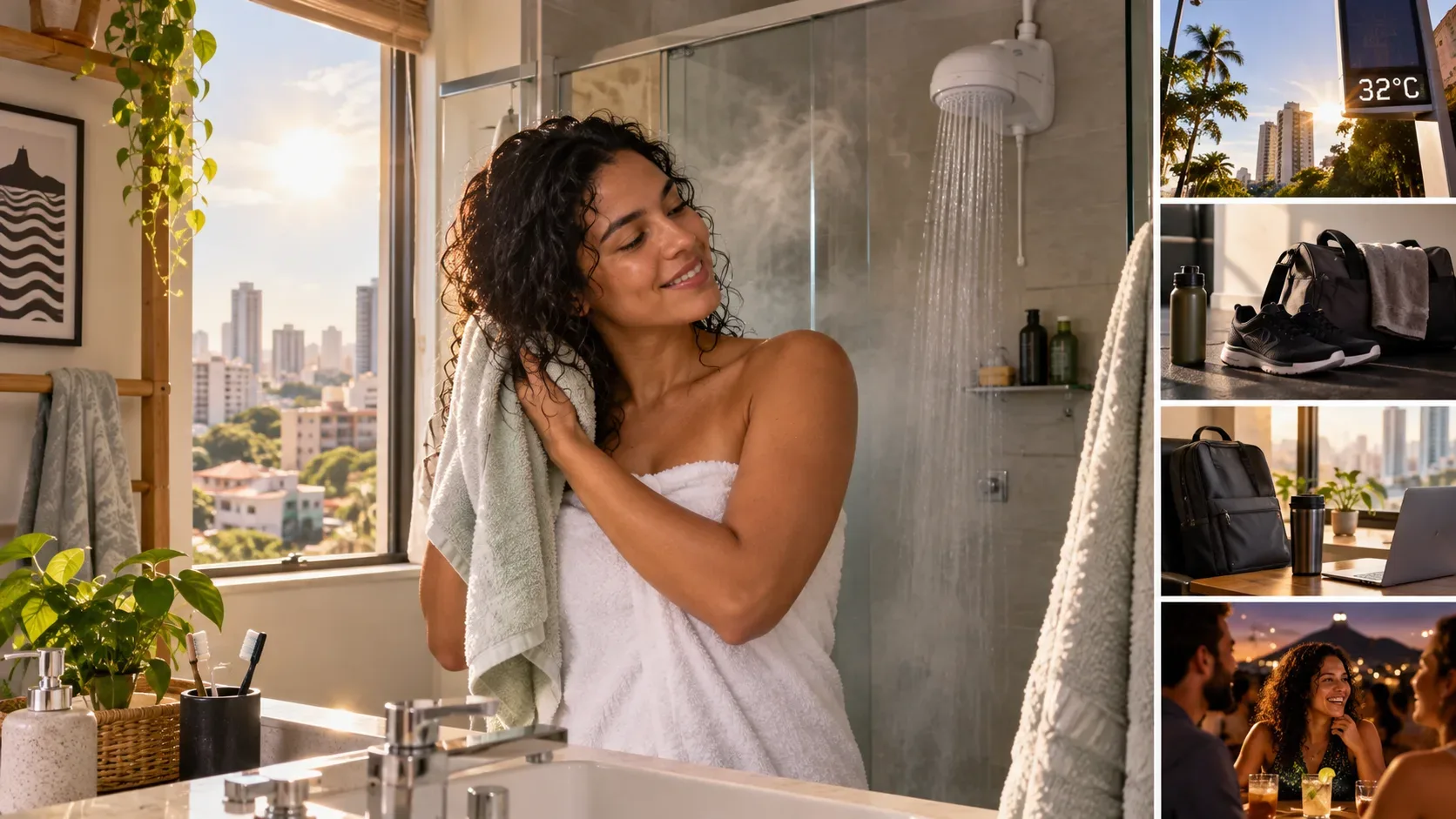 Mulher seca o cabelo em banheiro ensolarado com chuveiro elétrico, enquanto elementos de calor urbano, academia, trabalho e vida social sugerem diferentes momentos da rotina.