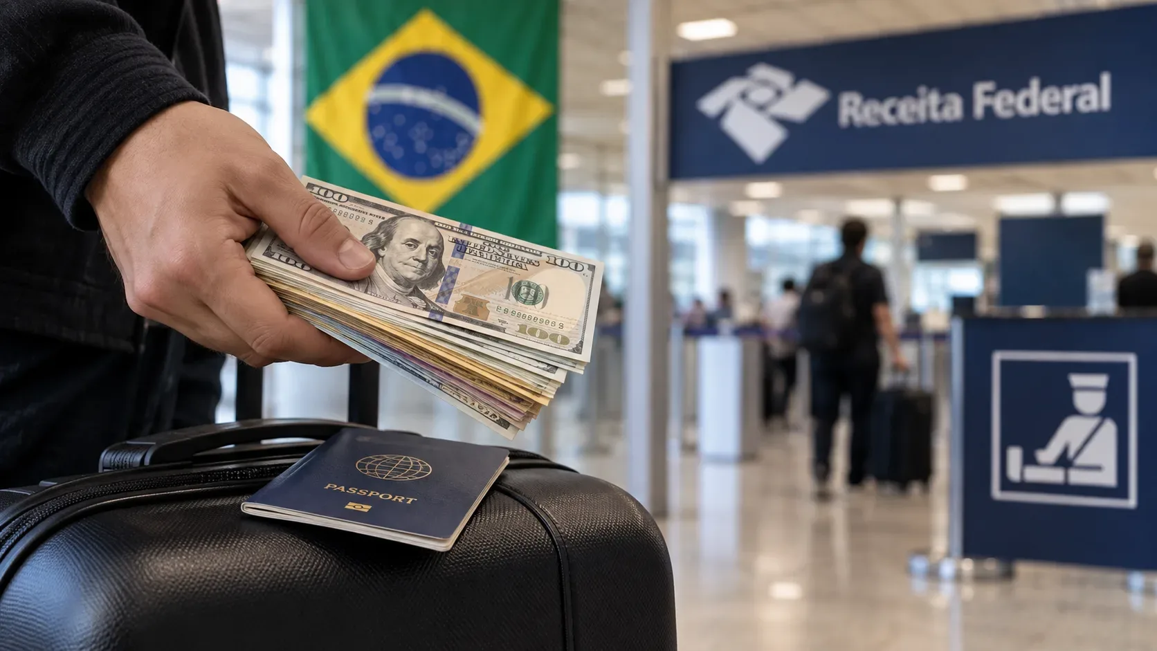 Mão segura notas de dólar sobre uma mala preta com passaporte, diante de uma área de alfândega com bandeira do Brasil e sinalização da Receita Federal.