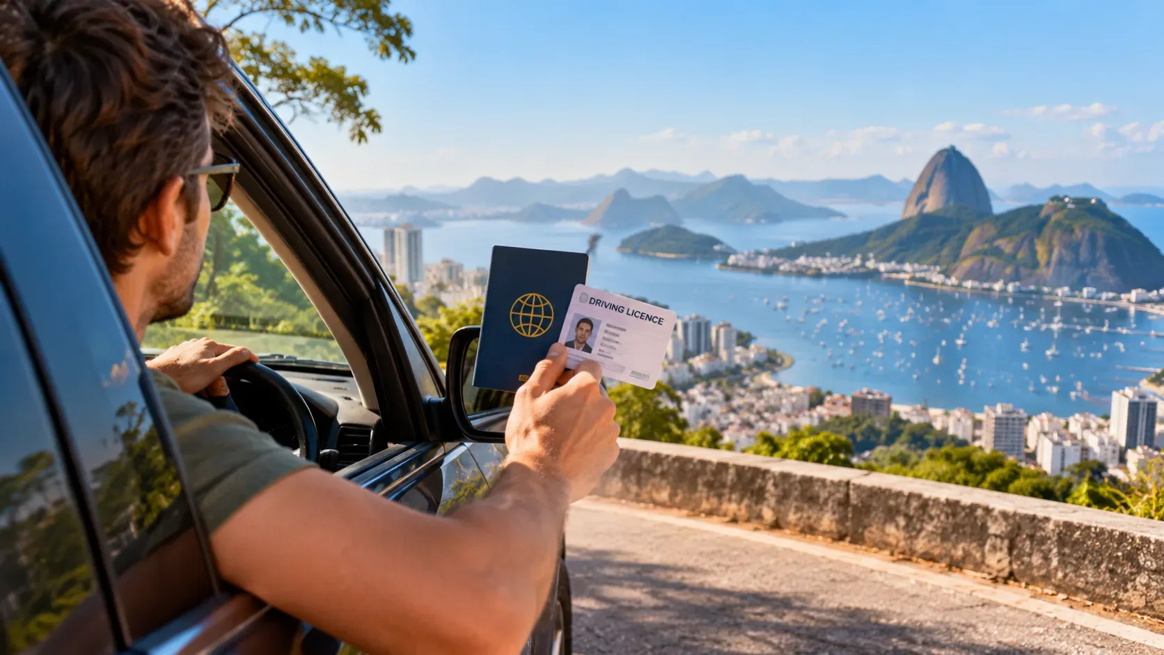 Viajante ao volante segura passaporte e carteira de habilitação diante de uma vista costeira do Rio de Janeiro.