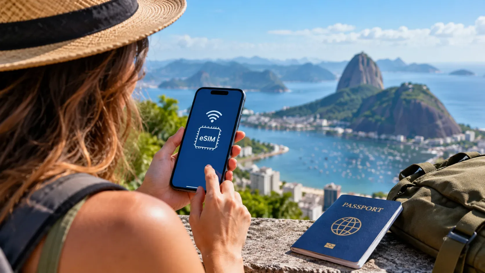 Turista segura um smartphone com símbolo de eSIM diante de uma paisagem costeira do Rio de Janeiro, com passaporte e mochila ao lado.