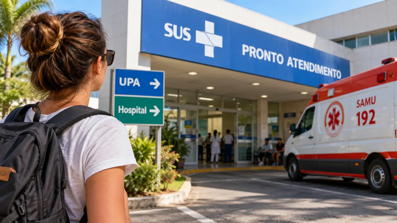 Turista com mochila diante da entrada de um pronto atendimento público no Brasil, com sinalização do SUS, placas para UPA e hospital e uma ambulância do SAMU 192.