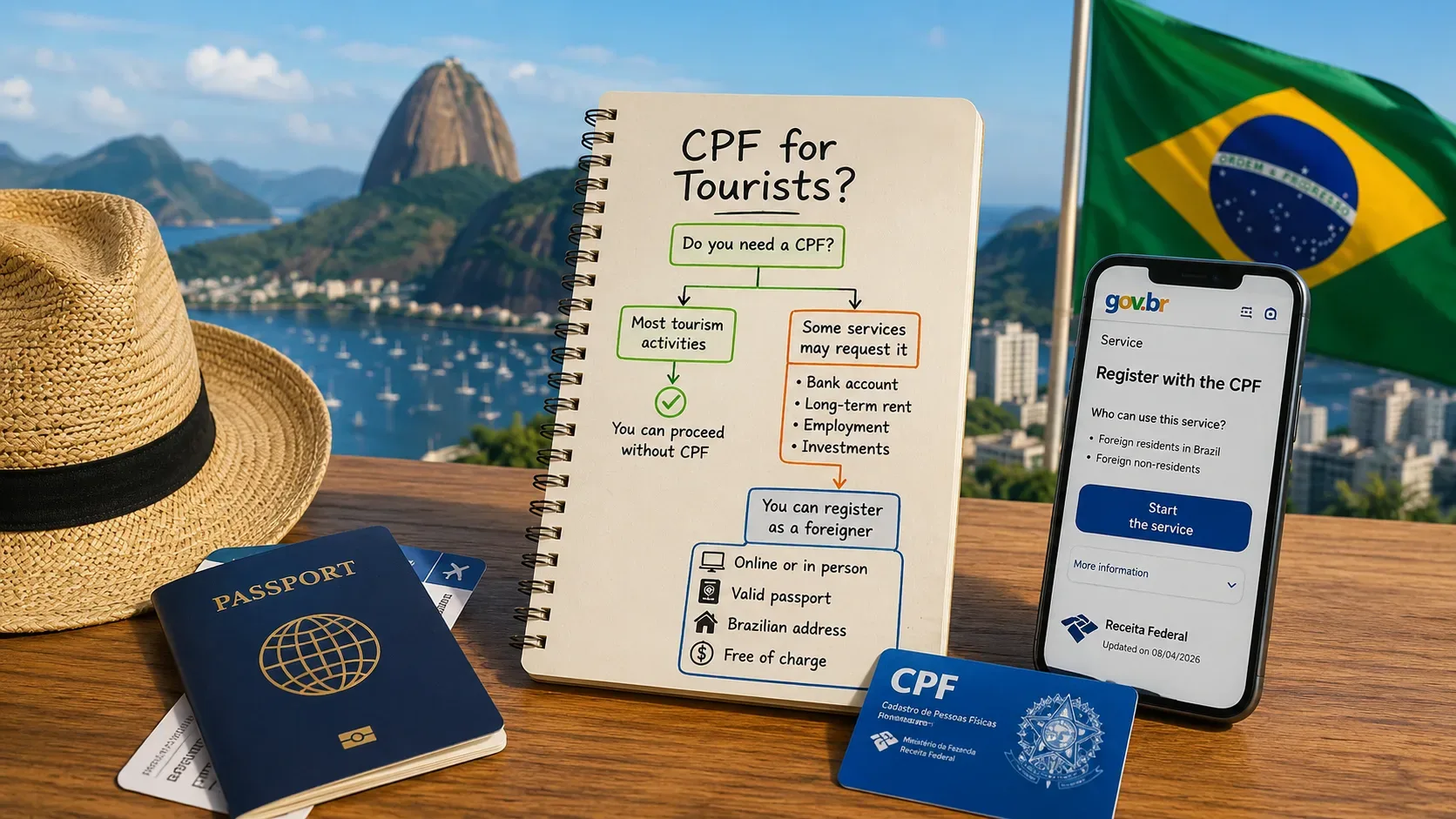 Mesa de viagem com passaporte, chapéu, bandeira do Brasil, caderno explicativo sobre CPF e celular com serviço gov.br diante da paisagem do Rio de Janeiro.