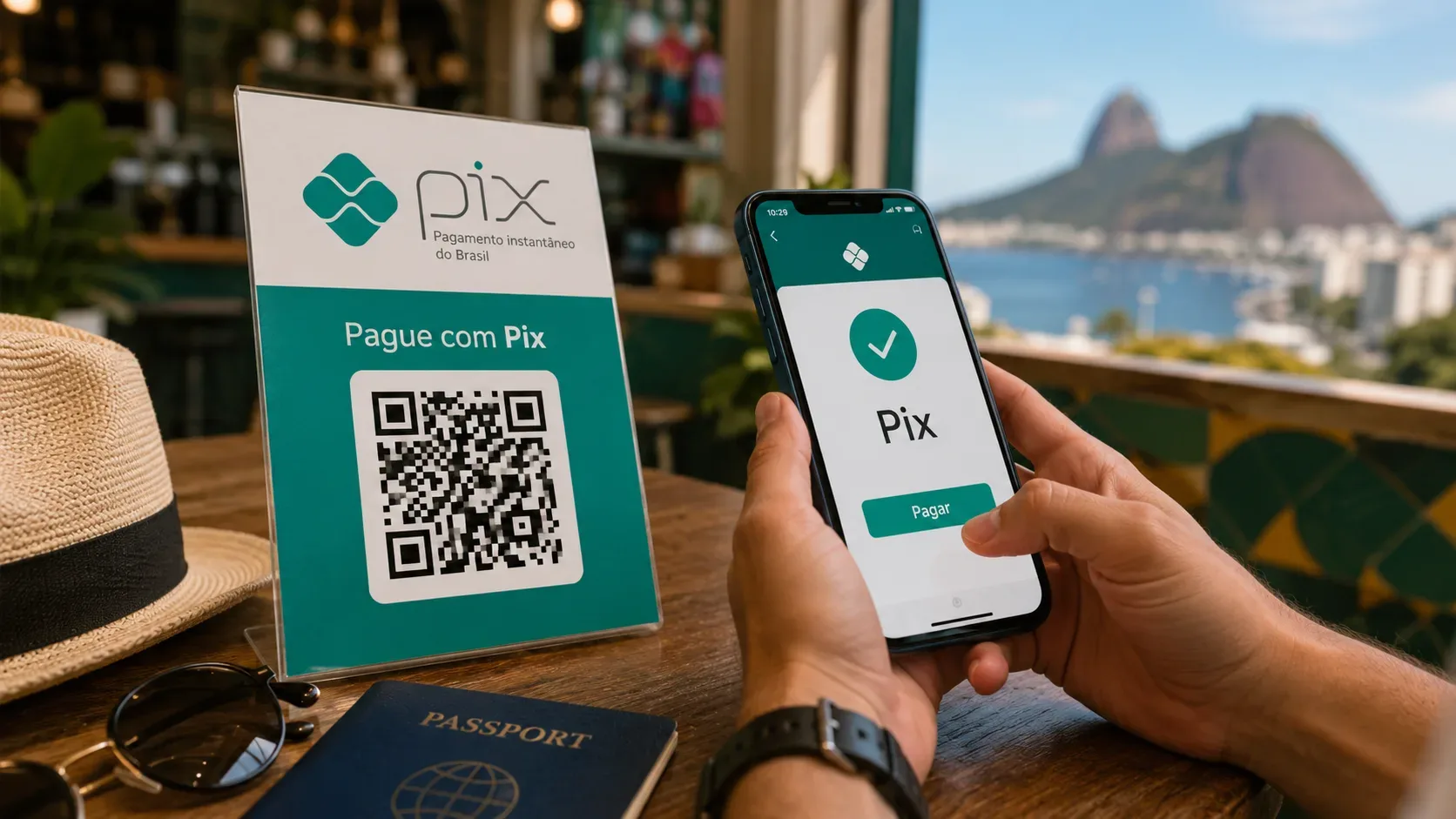 Turista segura um smartphone ao lado de um QR Code Pix em um café, com passaporte e paisagem do Rio de Janeiro ao fundo.