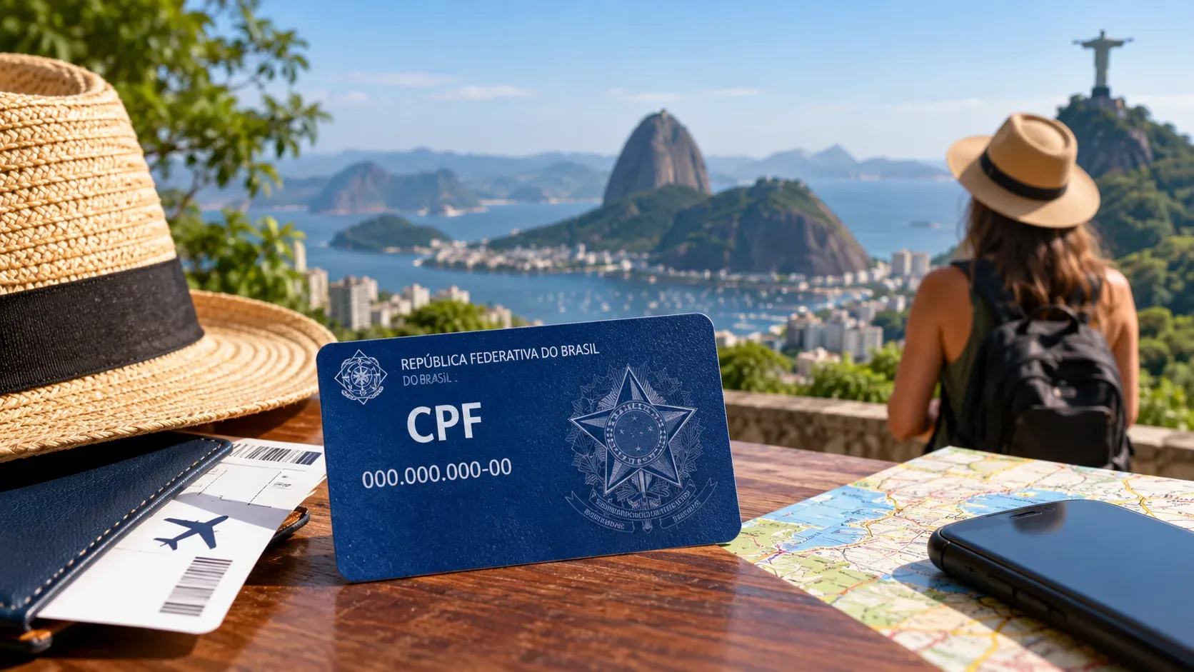 Cartão azul ilustrativo de CPF sobre mesa de viagem, com passaporte, bilhete aéreo, mapa e celular diante da paisagem do Rio de Janeiro.
