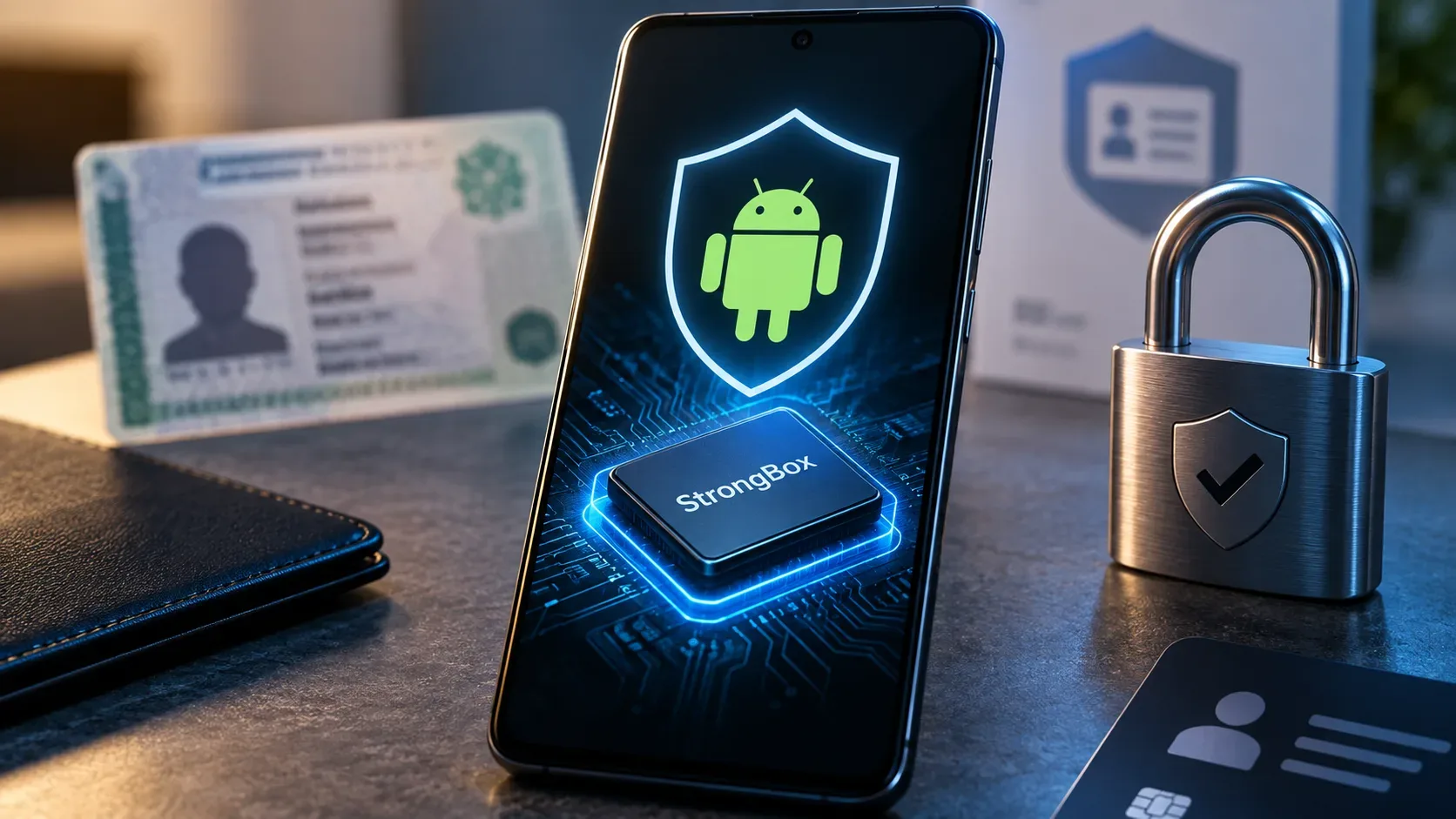 Smartphone exibindo um escudo do Android acima de um chip StrongBox, cercado por cartões de identificação e um cadeado metálico.