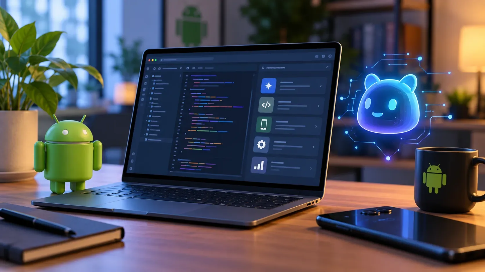Notebook aberto com editor de código em uma mesa, mascote Android verde ao lado e assistente de IA azul brilhando à direita.