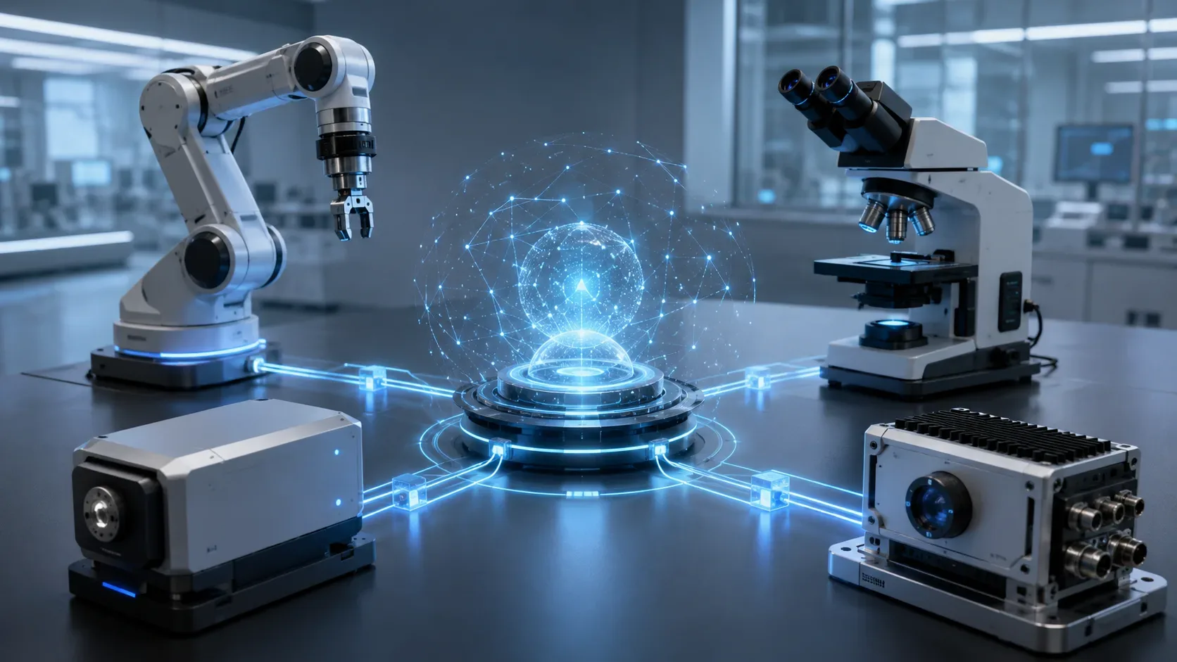Braço robótico, microscópio e módulos de hardware conectados a um núcleo digital luminoso em um laboratório futurista.