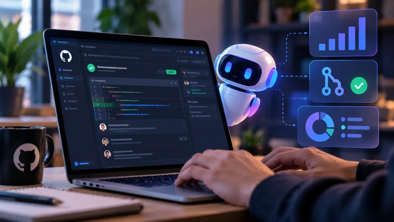 Desenvolvedor usa notebook com tela de revisão de código enquanto um assistente robótico de IA se conecta a gráficos de métricas e indicadores de pull request.