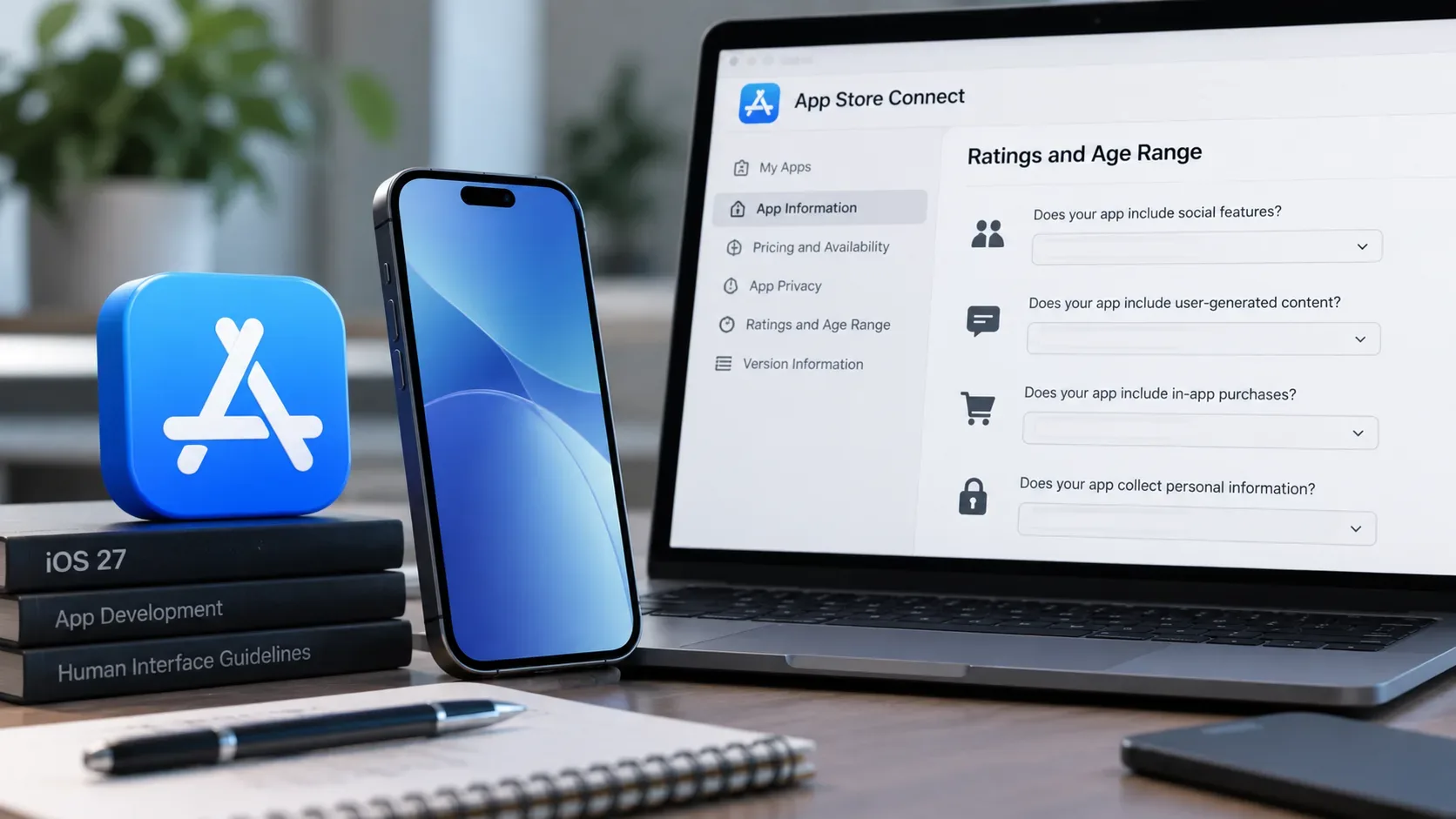 Mesa de trabalho de desenvolvedor com iPhone, ícone da App Store e notebook exibindo perguntas de classificação etária no App Store Connect.