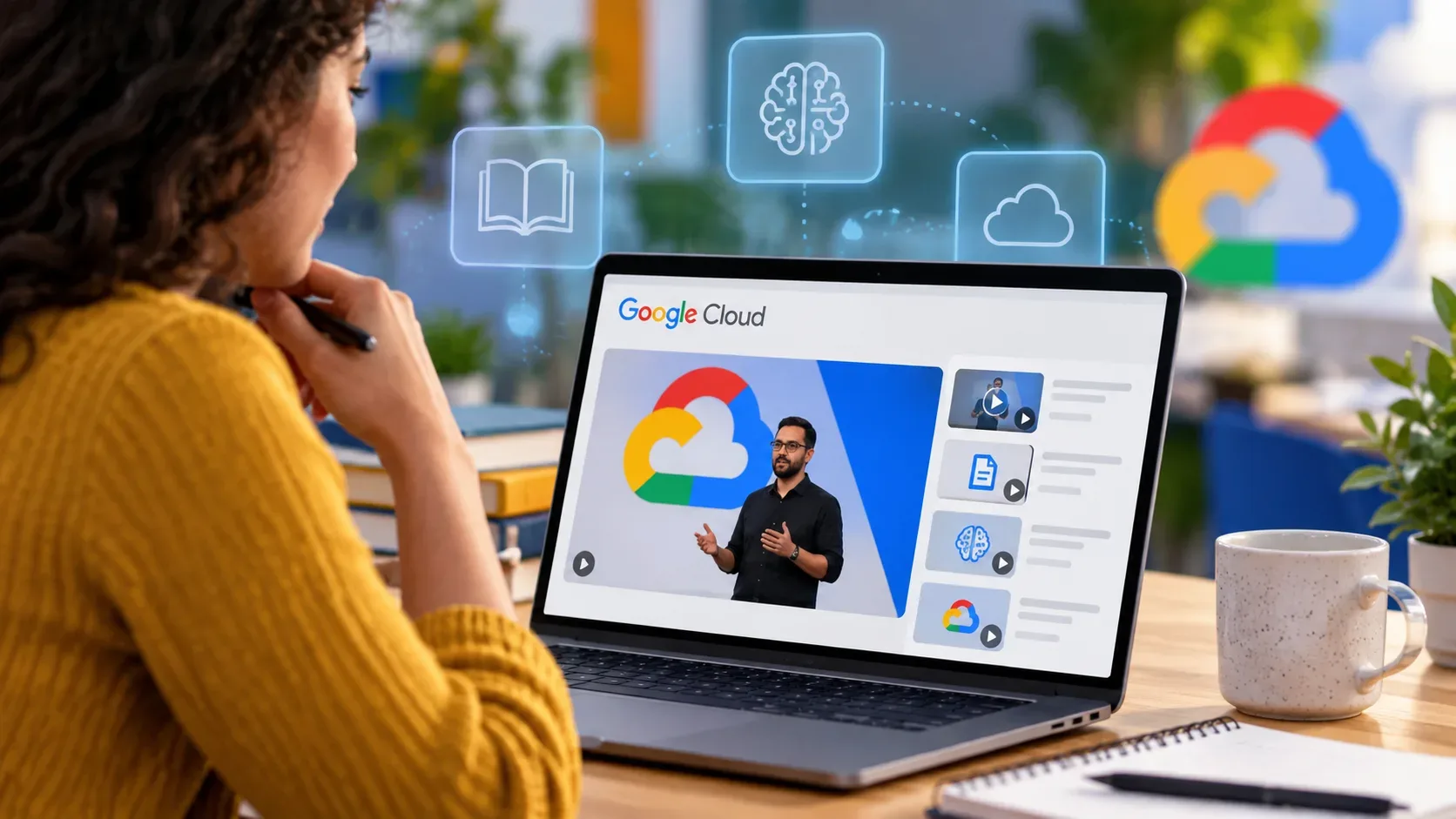 Pessoa estudando inteligência artificial em um notebook com referências visuais a nuvem, cérebro digital e Google Cloud em um ambiente de estudo.