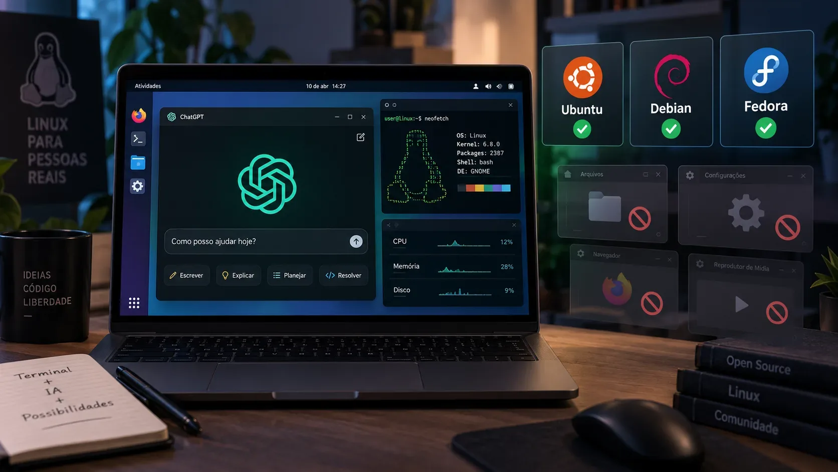 Notebook com o ChatGPT aberto em um desktop Linux, ao lado de referências a Ubuntu, Debian e Fedora e janelas de outros aplicativos marcadas como indisponíveis para controle.
