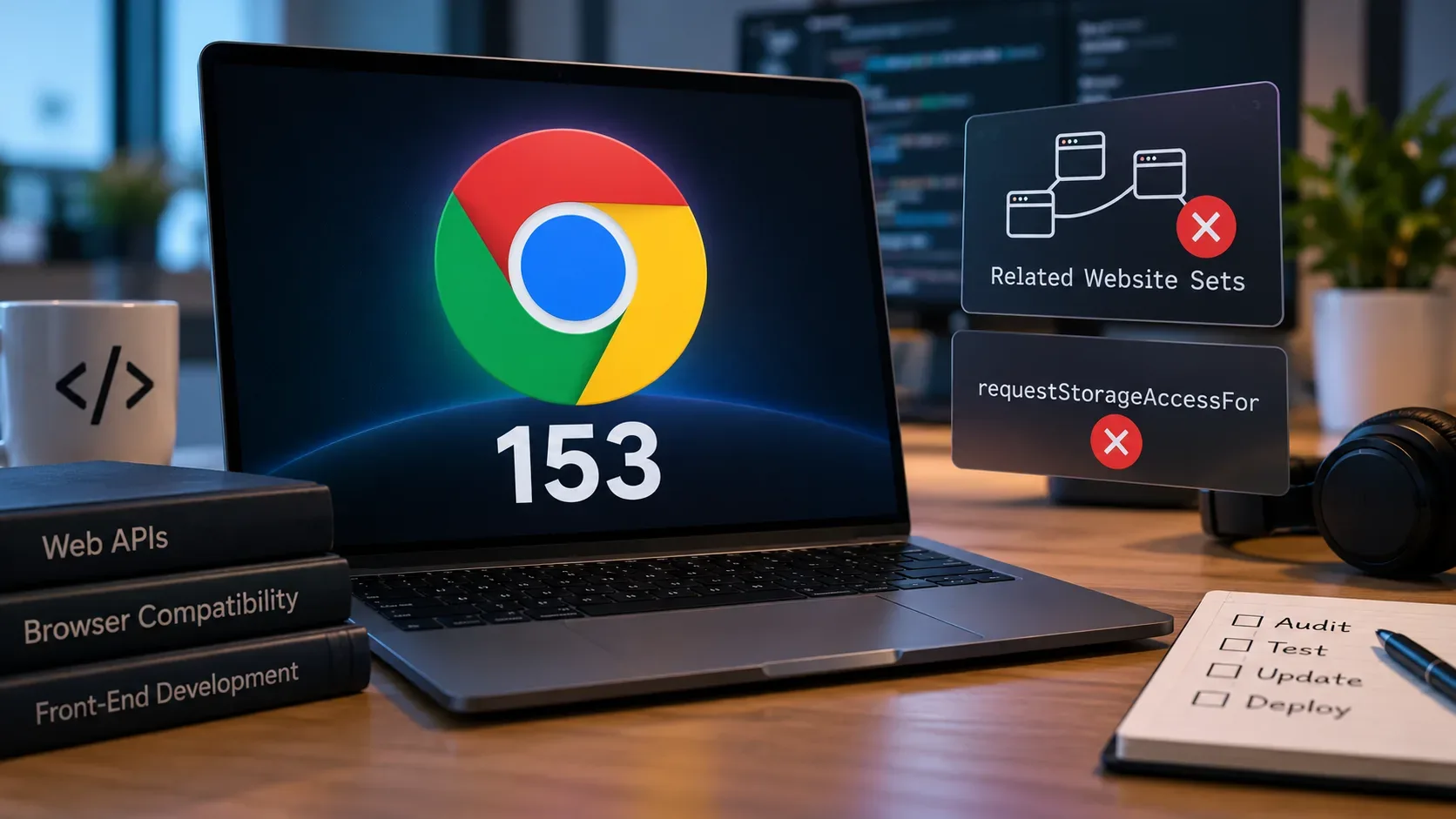 Notebook em mesa de desenvolvimento com o símbolo do Chrome, o número 153 e painéis indicando a remoção de Related Website Sets e requestStorageAccessFor.