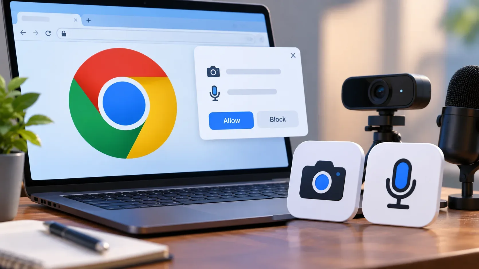 Notebook exibindo interface do Chrome com solicitação de acesso à câmera e ao microfone, ao lado de webcam e microfone sobre uma mesa.