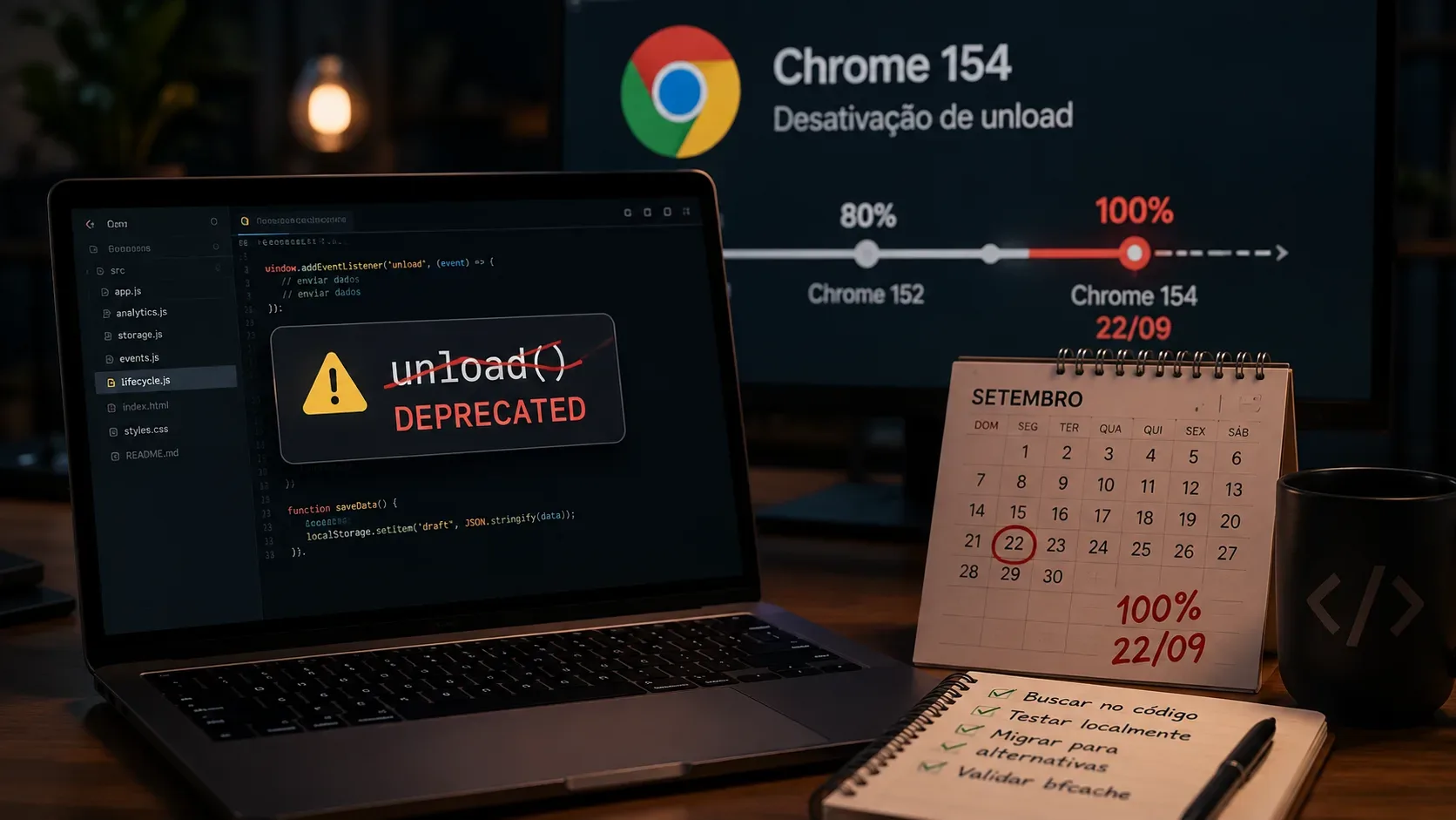 Mesa de desenvolvimento com notebook exibindo código e aviso de unload descontinuado, monitor com cronograma do Chrome 154 até 100%, calendário em 22 de setembro e checklist de migração.