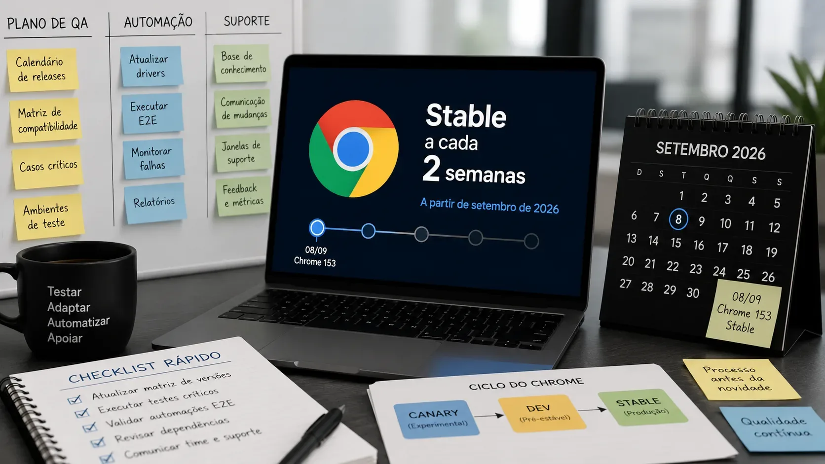 Laptop exibindo a cadência quinzenal do Chrome ao lado de calendário de setembro de 2026, quadro de QA e checklist de automação.