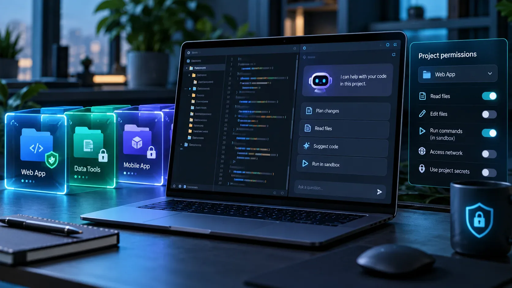 Notebook em uma mesa de desenvolvimento com editor de código, caixas luminosas representando projetos isolados e painel lateral de permissões de sandbox.