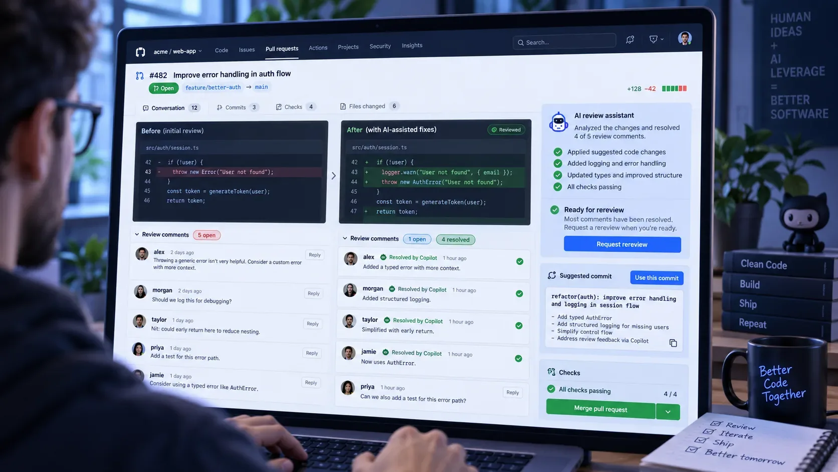 Desenvolvedor diante de uma tela de pull request com comparativo de código, comentários de revisão marcados como resolvidos por IA e um painel de commit sugerido.