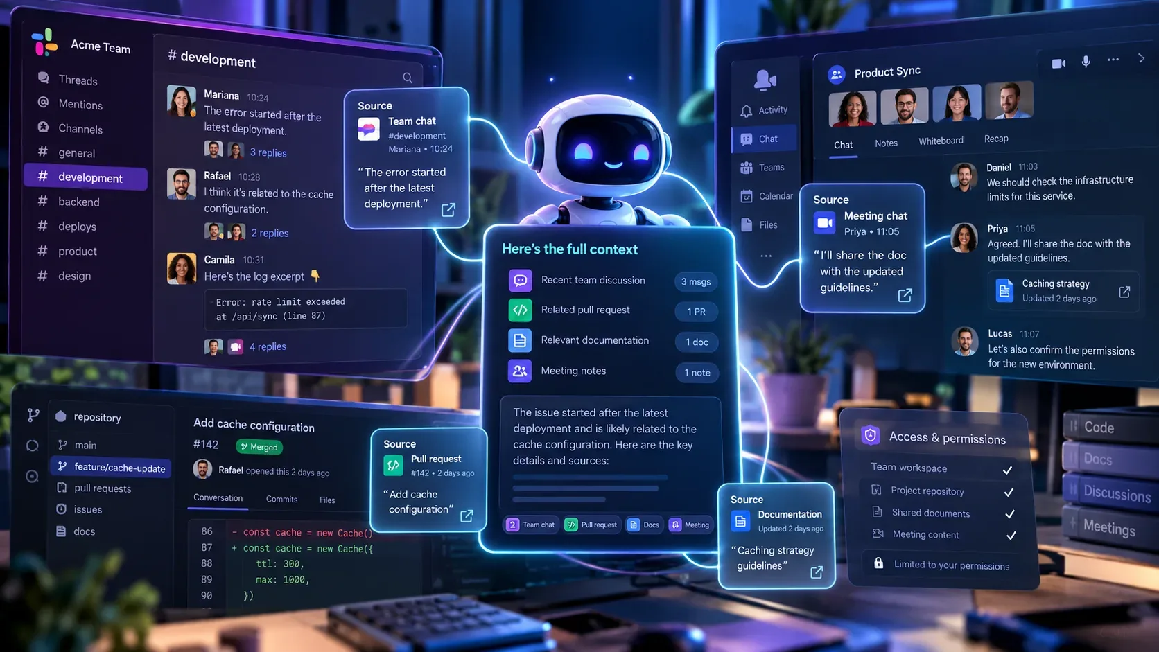 Ilustração futurista de um assistente de IA conectando conversas de equipe, código, documentos e controles de permissões em painéis digitais.
