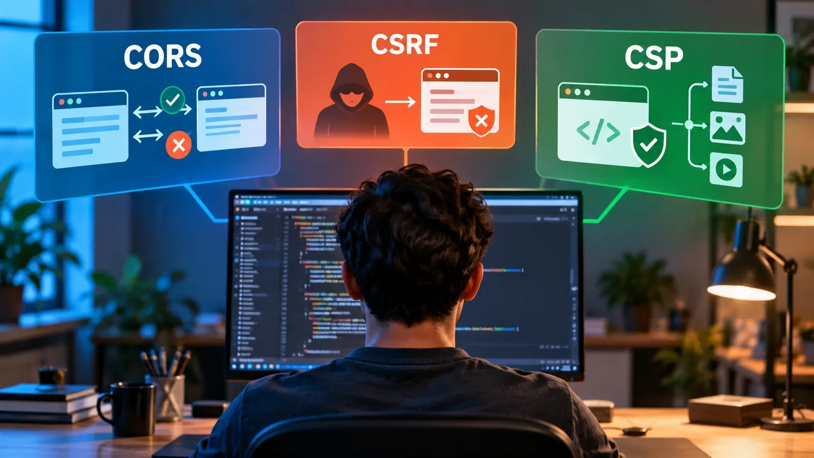 Desenvolvedor diante de um monitor de código com três painéis superiores identificados como CORS, CSRF e CSP, cada um com ícones que representam comunicação entre navegadores, requisição maliciosa e proteção de recursos web.
