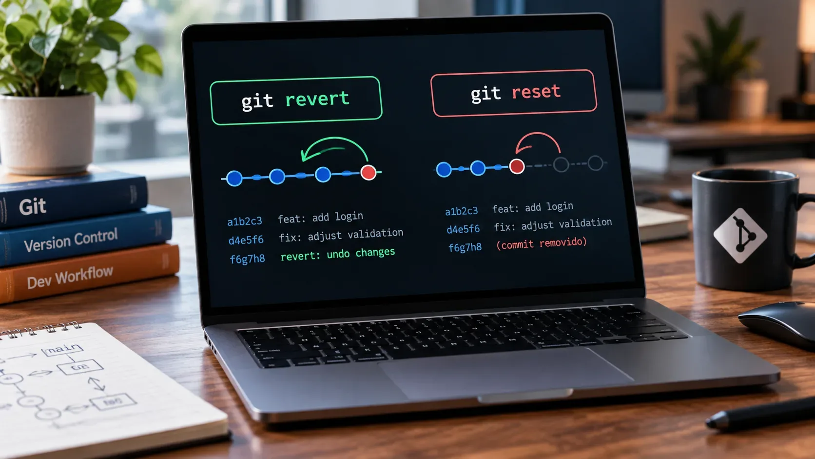 Notebook em mesa de trabalho exibindo comparação visual entre git revert e git reset, com gráficos de commits e comandos na tela.
