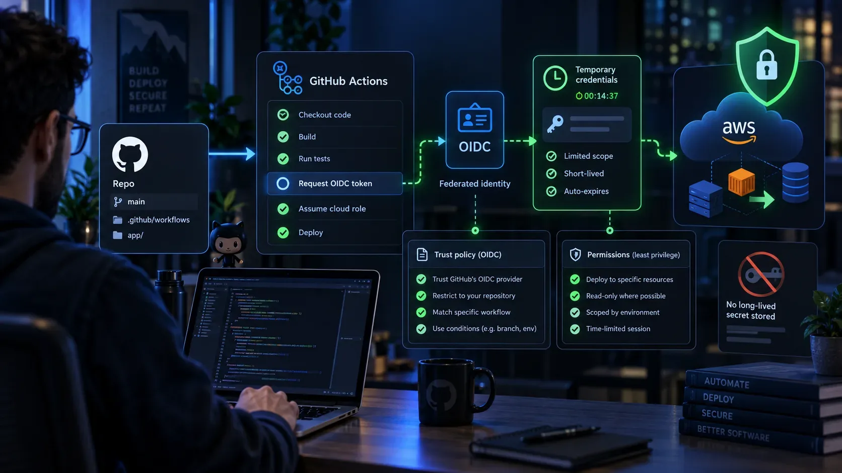 Desenvolvedor diante de um fluxo visual de GitHub Actions com OIDC, credenciais temporárias, controles de permissão e implantação em nuvem.