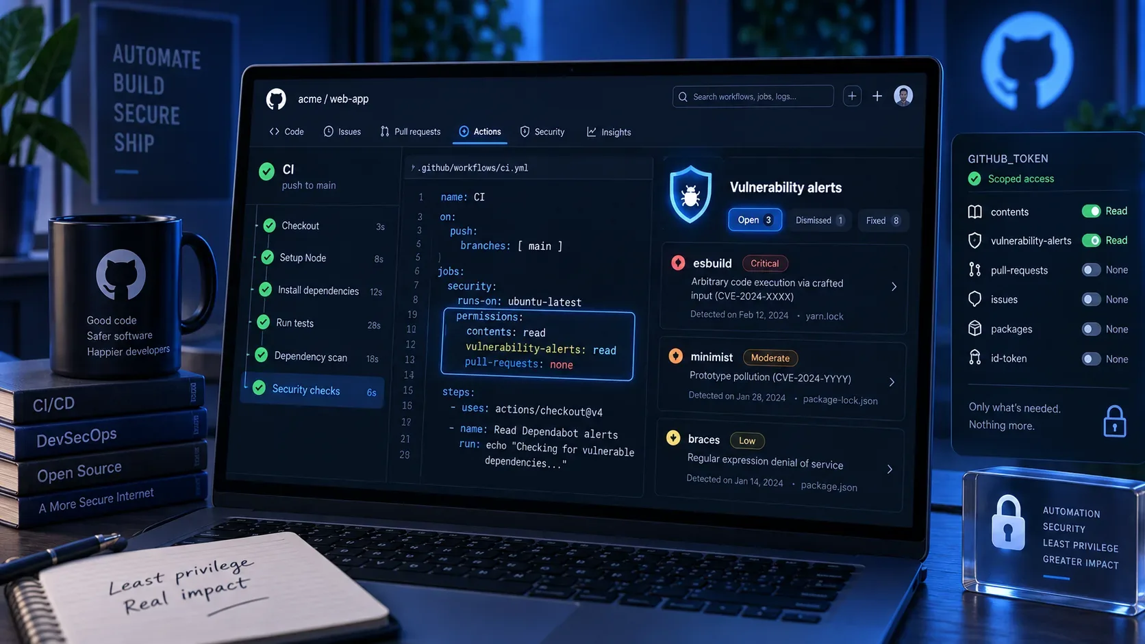 Estação de trabalho azul com laptop exibindo um workflow do GitHub Actions, bloco de permissões do GITHUB_TOKEN e alertas de vulnerabilidade do Dependabot.