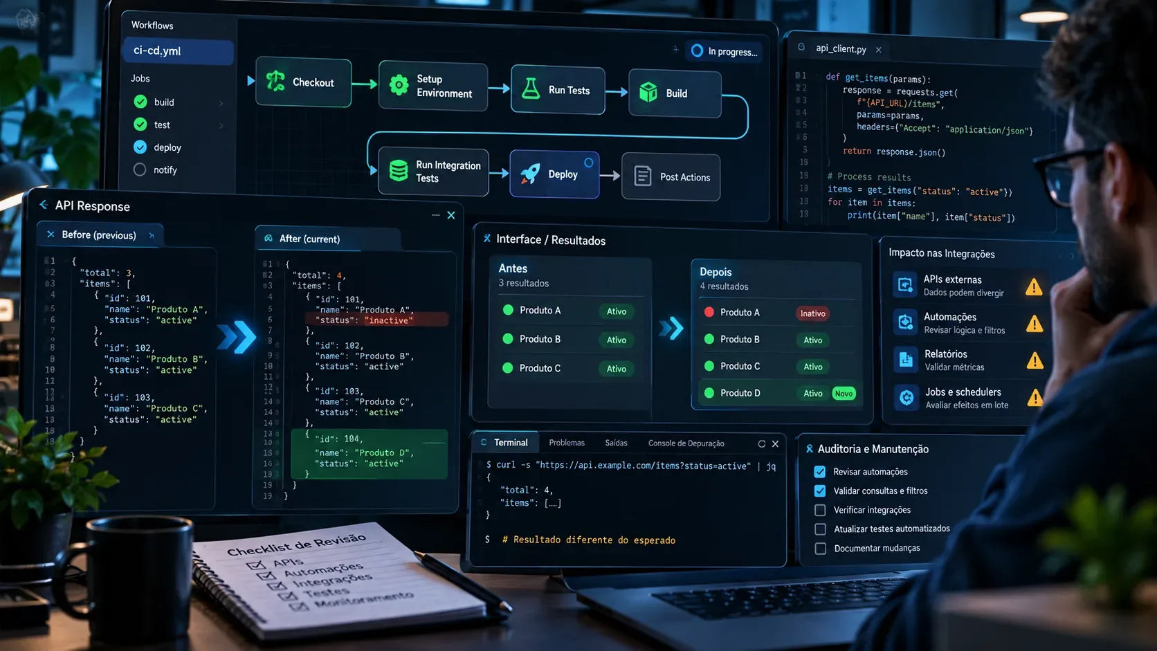 Estação de desenvolvimento com pipeline CI/CD, painéis de resposta de API antes e depois, código, terminal, alertas e checklist de revisão de automações.