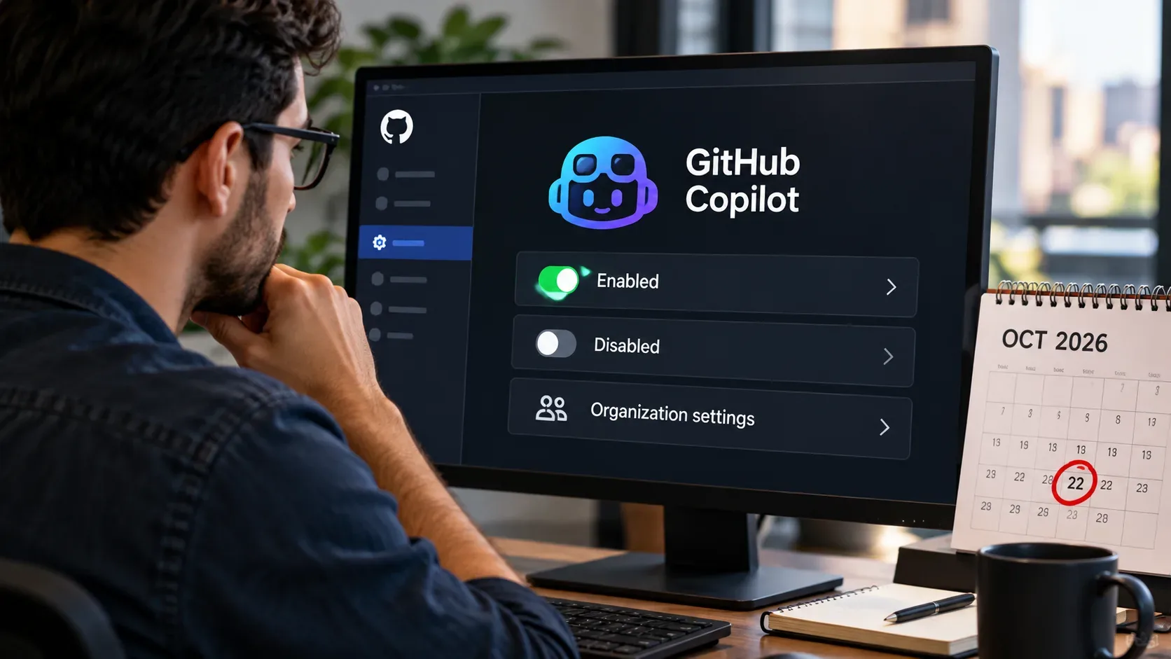 Notebook em mesa de trabalho com painel escuro de configurações administrativas, controles de ativação e mascote robótico azul e roxo ao lado.