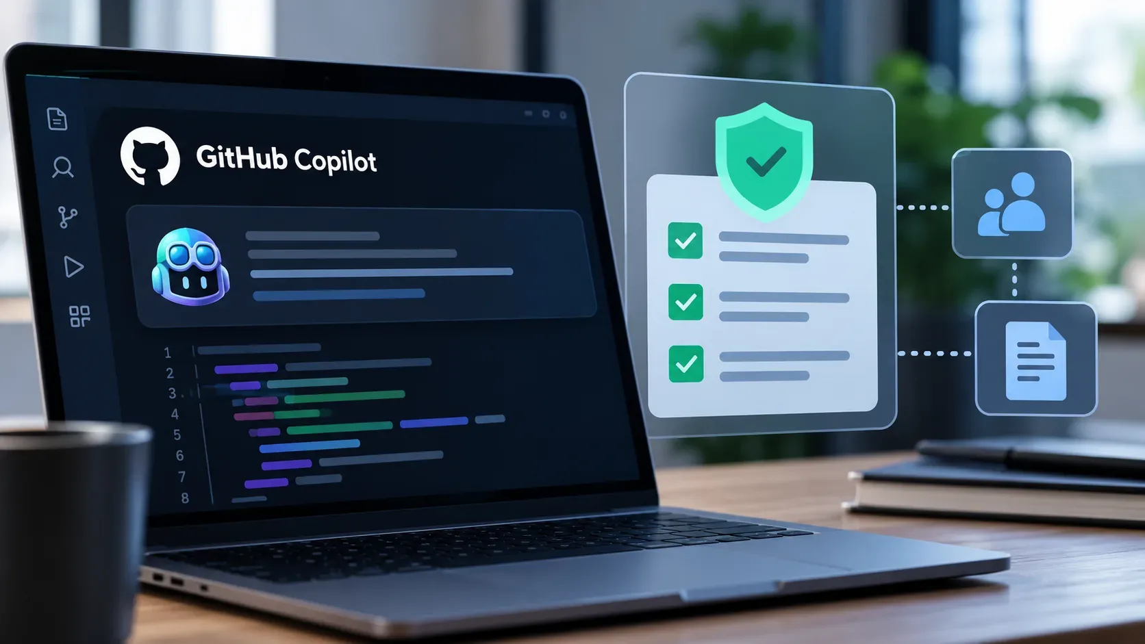 Notebook com interface do GitHub Copilot e elementos visuais de validação, segurança, equipe e documentos de configuração.