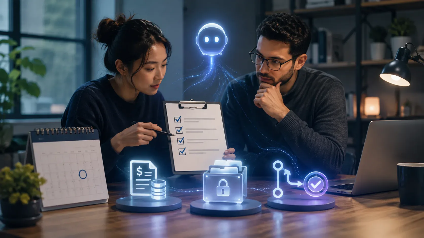 Duas pessoas revisam um checklist em uma mesa de trabalho, cercadas por símbolos luminosos de cobrança, armazenamento seguro e aprovação de fluxo de código, com um assistente de IA abstrato ao fundo.