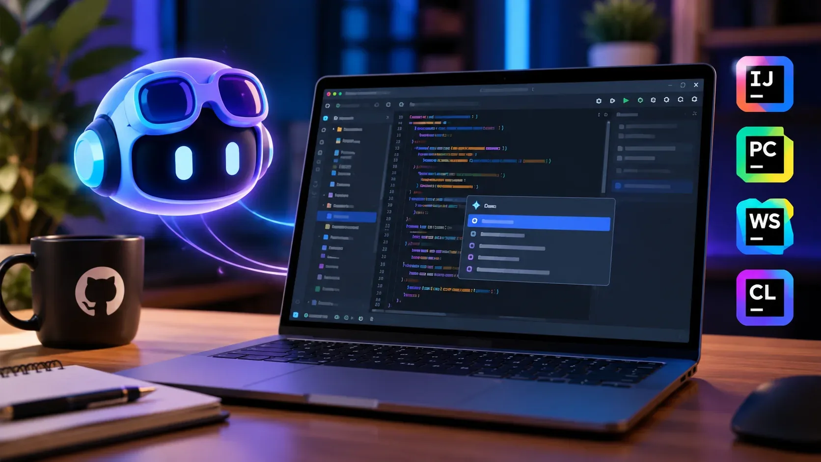 Notebook em mesa de desenvolvimento com IDE JetBrains aberto, interface de código, assistente robótico de IA e ícones de produtos JetBrains ao lado.