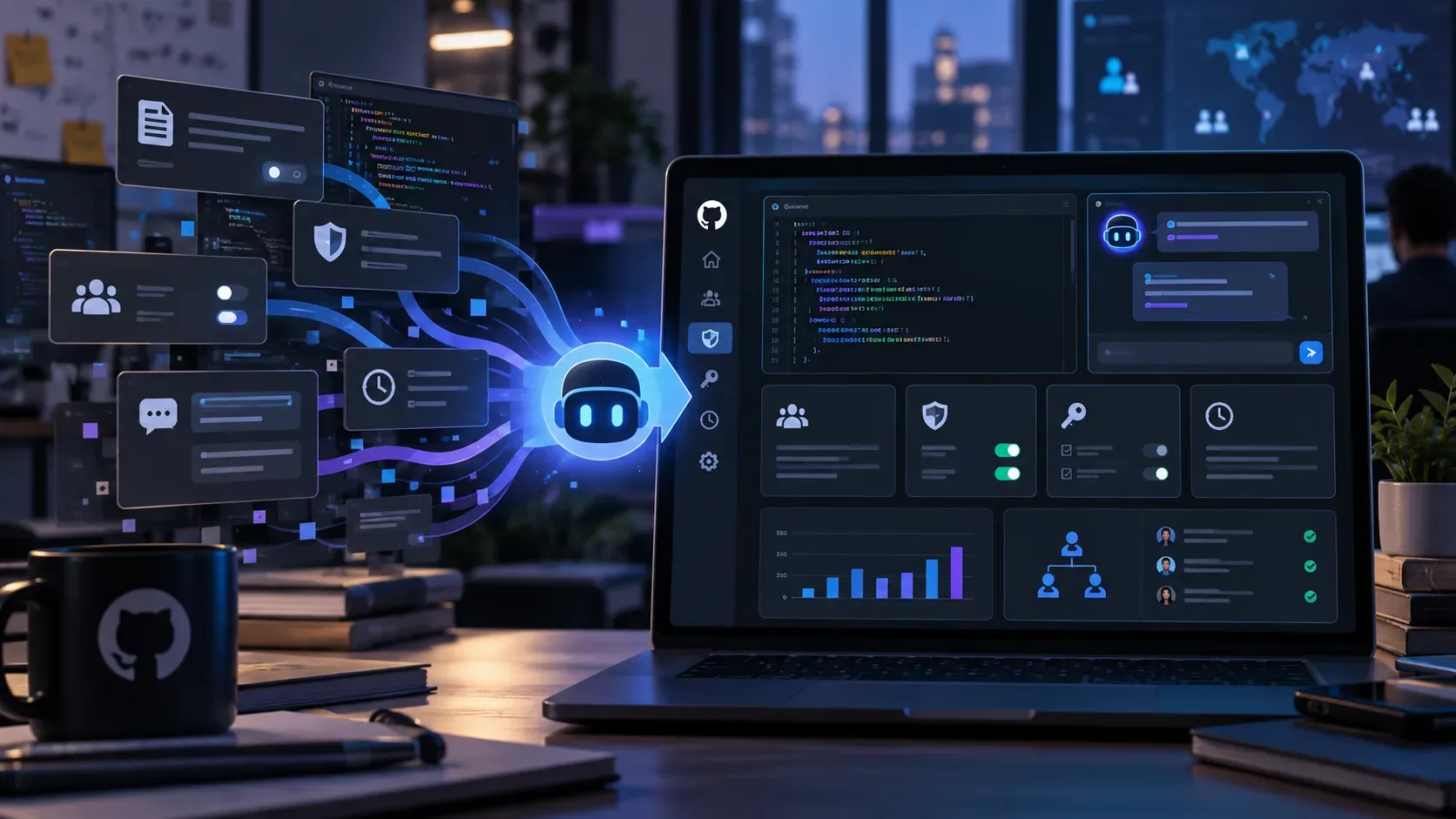 Ambiente de desenvolvimento com notebook exibindo um painel unificado de IA, enquanto cartões de políticas, segurança, equipe e histórico convergem para controles centrais.