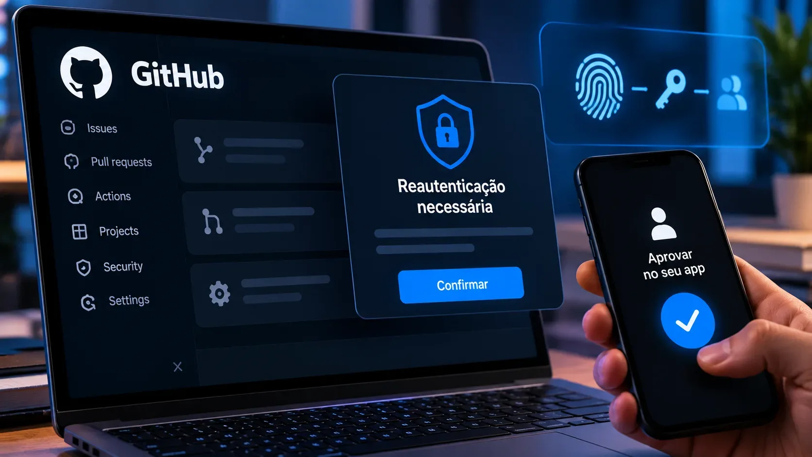Notebook com interface do GitHub exibindo solicitação de reautenticação, ao lado de smartphone com aprovação e ícones de segurança.