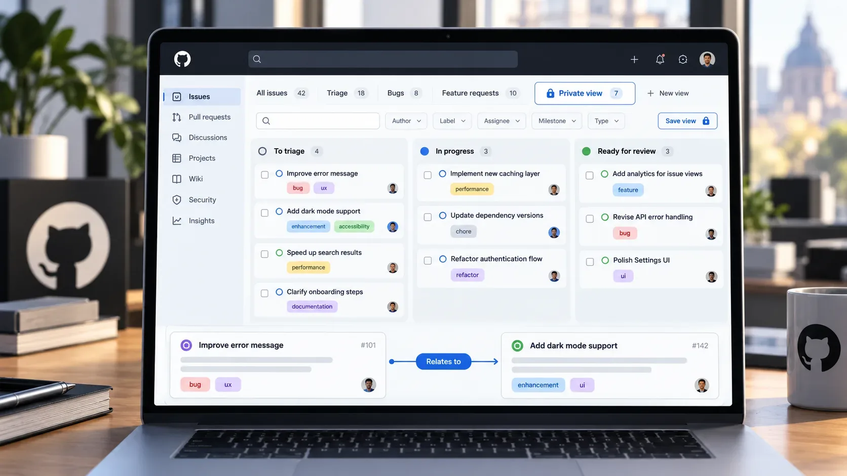Notebook exibe um painel de issues com colunas de triagem, uma visualização privada destacada e duas issues conectadas pelo vínculo Relates to.