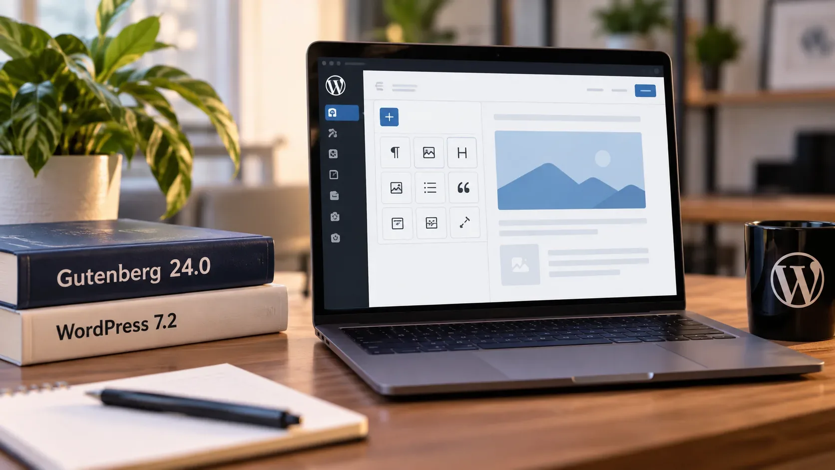 Notebook aberto com interface de editor de blocos, livros com referências a Gutenberg 24.0 e WordPress 7.2, planta e caneca sobre mesa de trabalho.