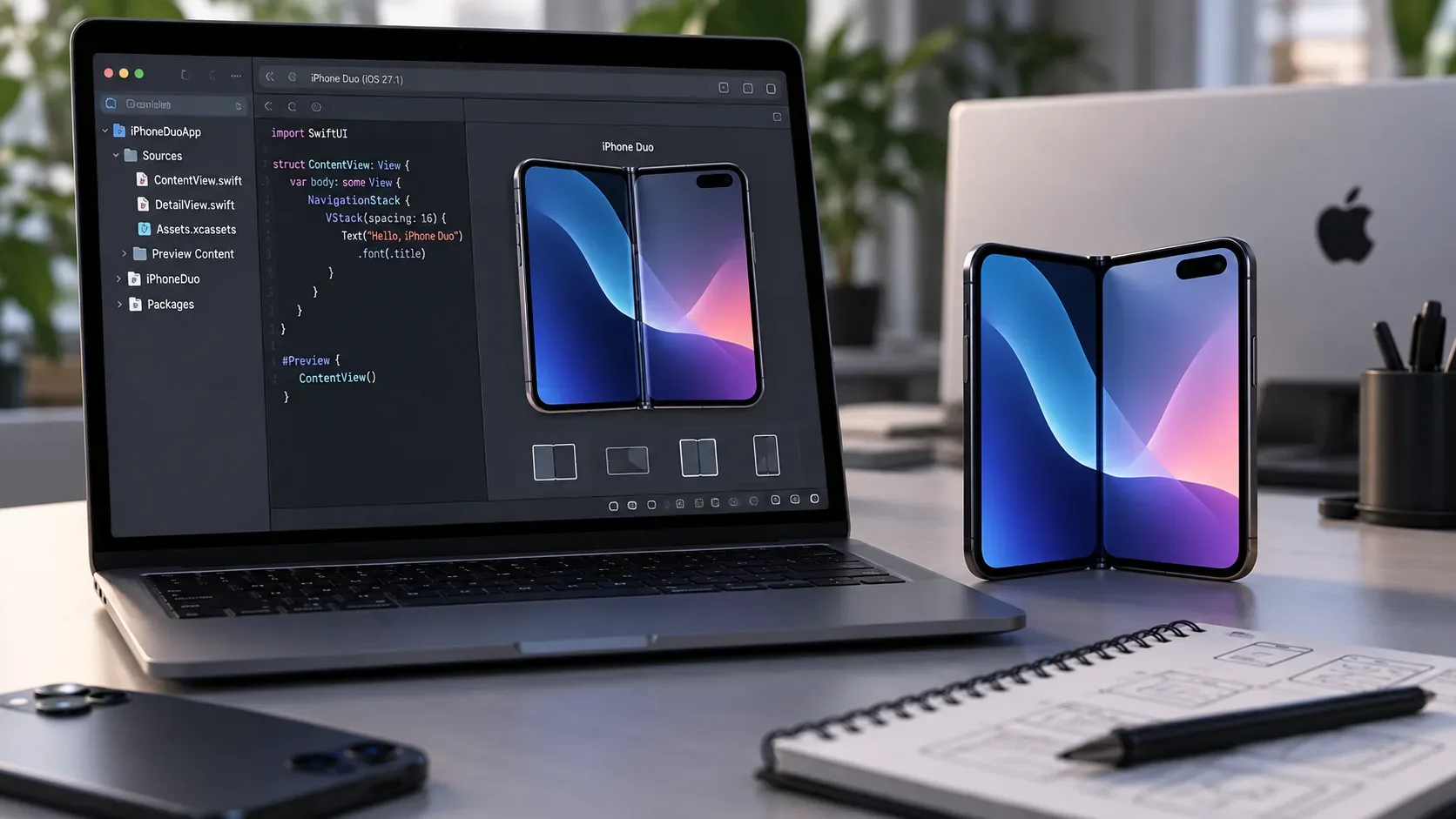 MacBook com ambiente de desenvolvimento aberto ao lado de um iPhone dobrável, ambos mostrando uma interface em duas telas sobre uma mesa de trabalho.