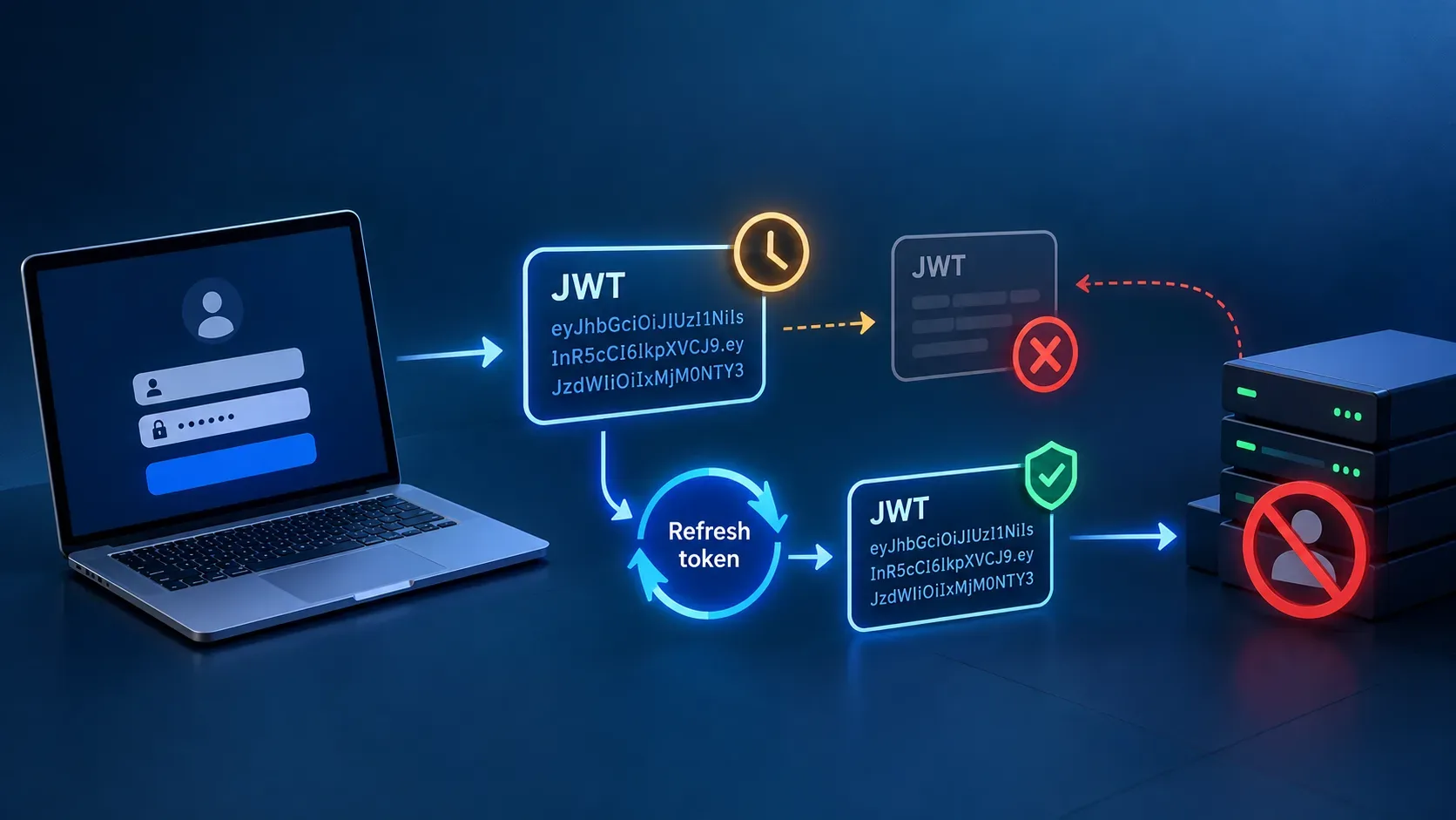 Diagrama isométrico de autenticação com login em notebook, tokens JWT, relógio de expiração, ciclo de refresh e revogação junto a servidores.