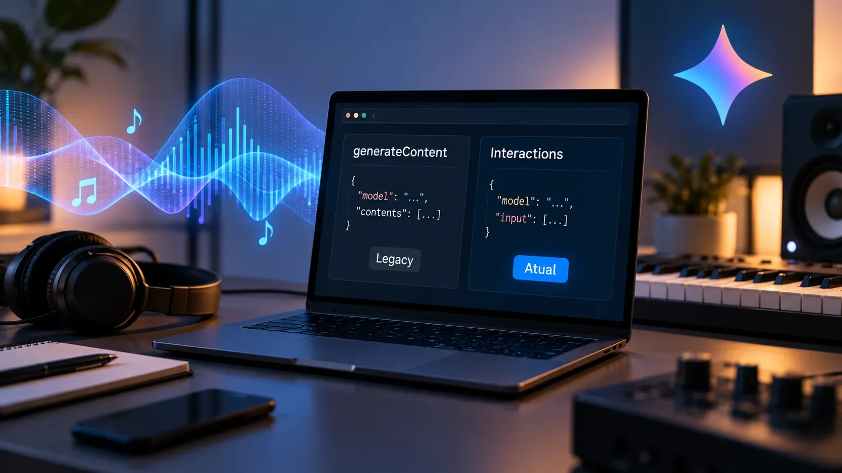 Laptop em estúdio de produção musical com dois painéis de código de API, onda sonora luminosa, fones de ouvido, teclado MIDI e monitores de áudio.