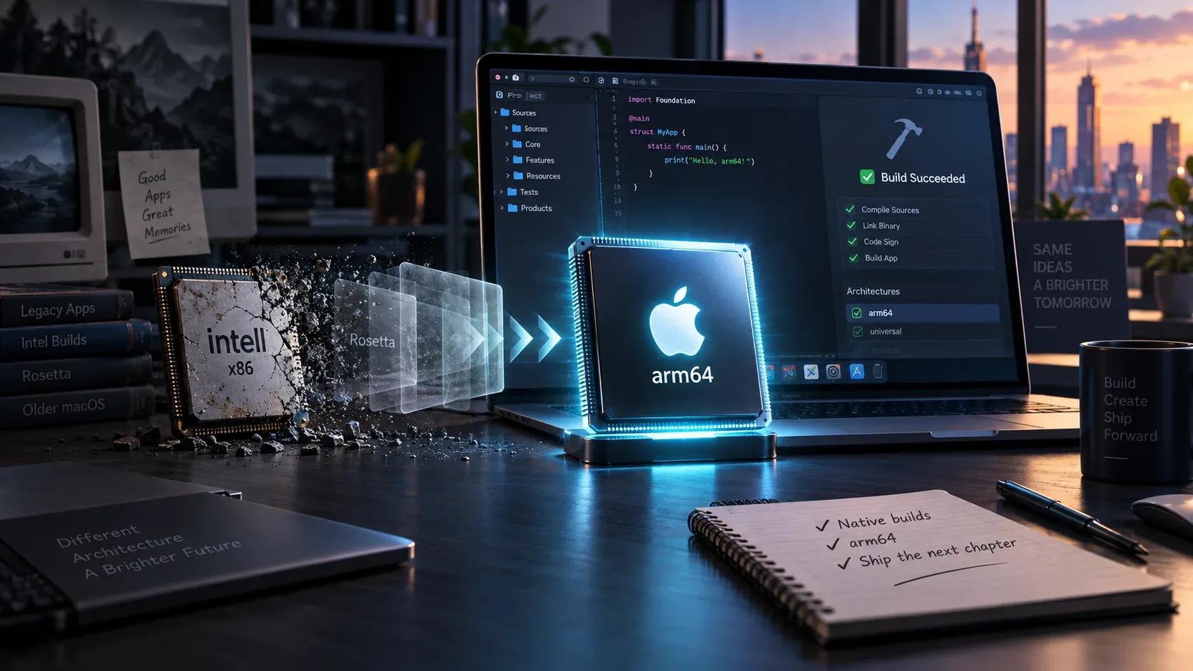 Mesa de desenvolvimento com chip arm64 iluminado com símbolo da Apple, chip Intel x86 se desfazendo, camadas translúcidas representando Rosetta e notebook com interface de build ao fundo.