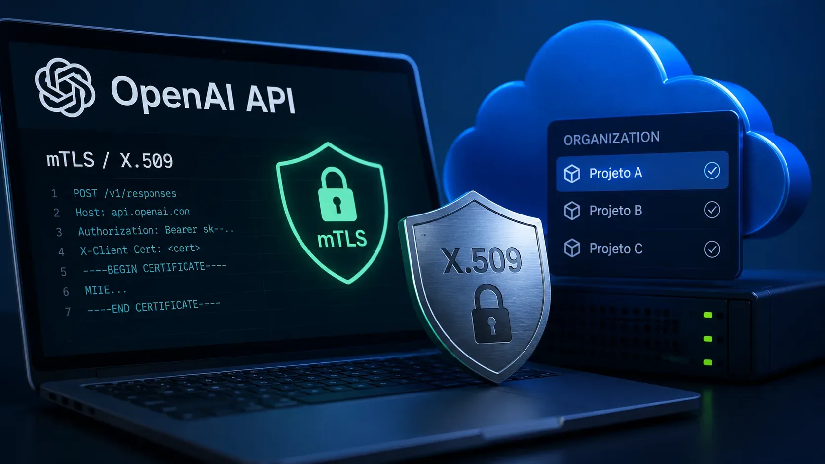 Notebook em ambiente azul exibindo OpenAI API, mTLS e X.509, ao lado de uma nuvem com seleção de projetos e um servidor.
